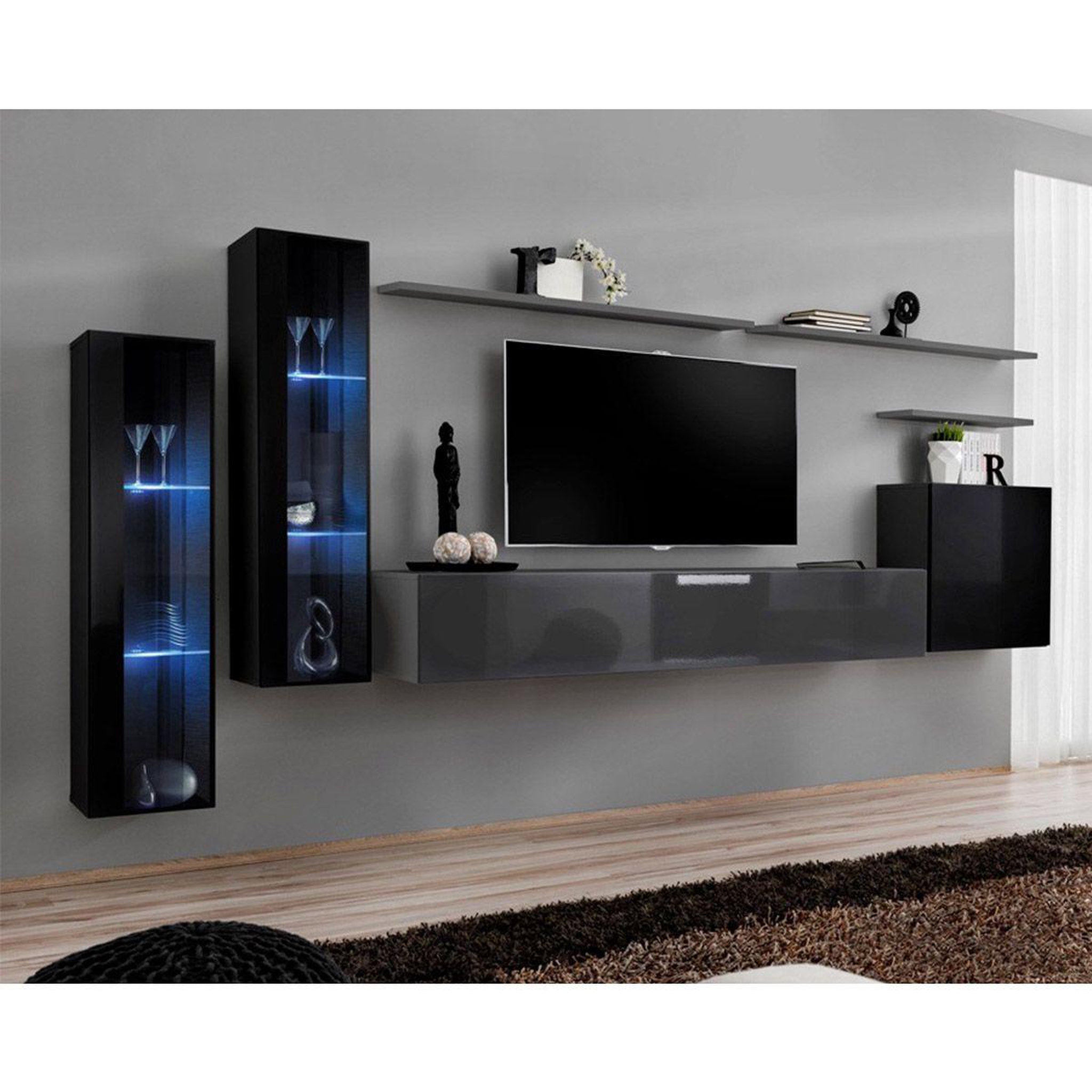 Voir la diapositive 1 : Paris Prix Meuble TV Mural Design  Switch XI  330cm Noir & Gris