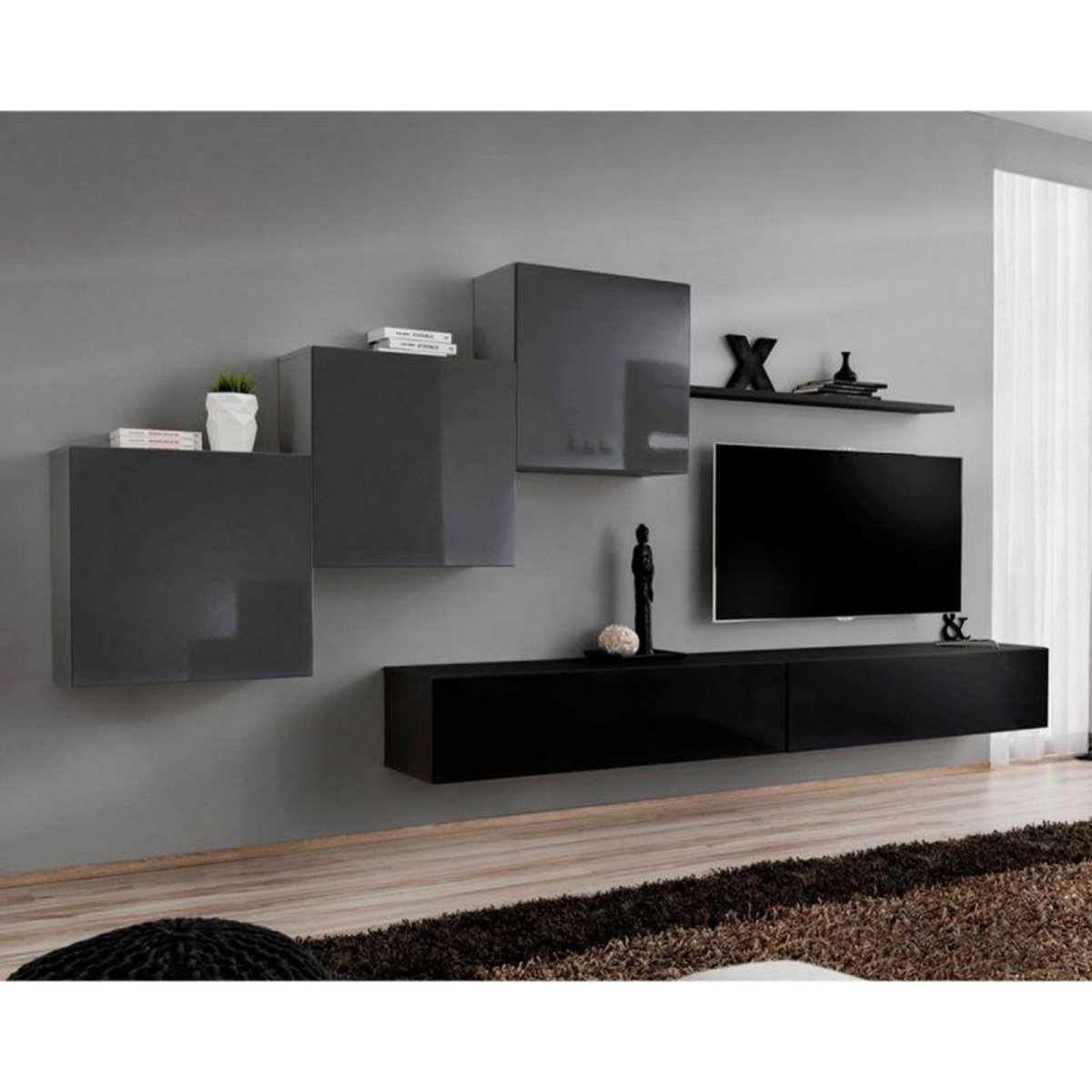 Paris Prix Meuble TV Mural Design  Switch X  330cm Gris & Noir
