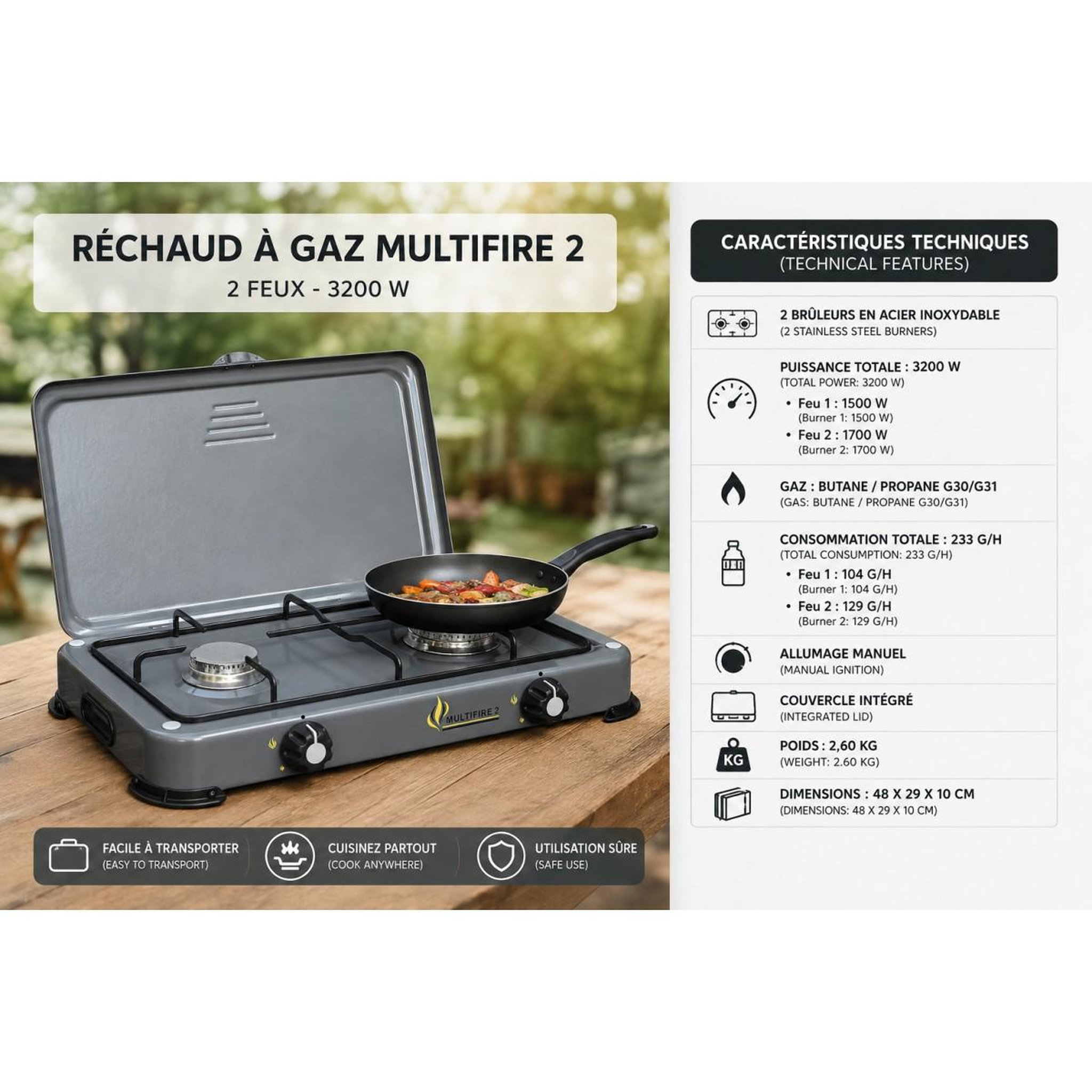 Voir la diapositive 2 : INTEC Réchaud à gaz portable 2 feux 3200W Brûleurs Inox - Plaque de cuisson gaz Butane ou Propane Design Gris INTEC