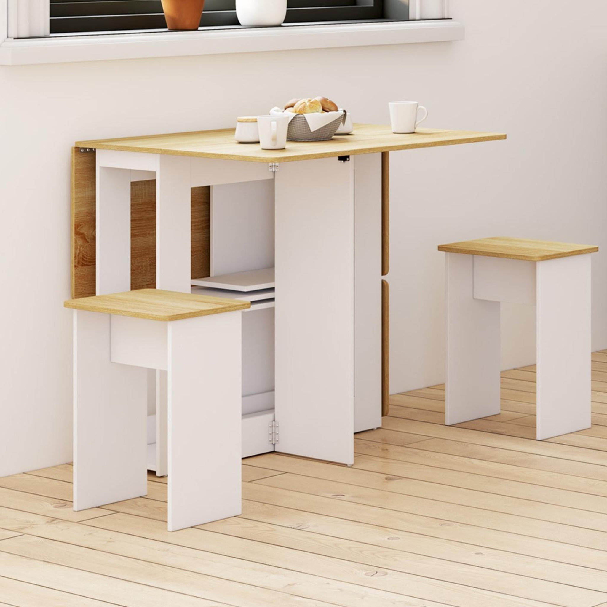 Voir la diapositive 5 : ID MARKET Ensemble table console pliable edi 2-4 personnes bois blanc et plateau façon hêtre avec 4 tabourets