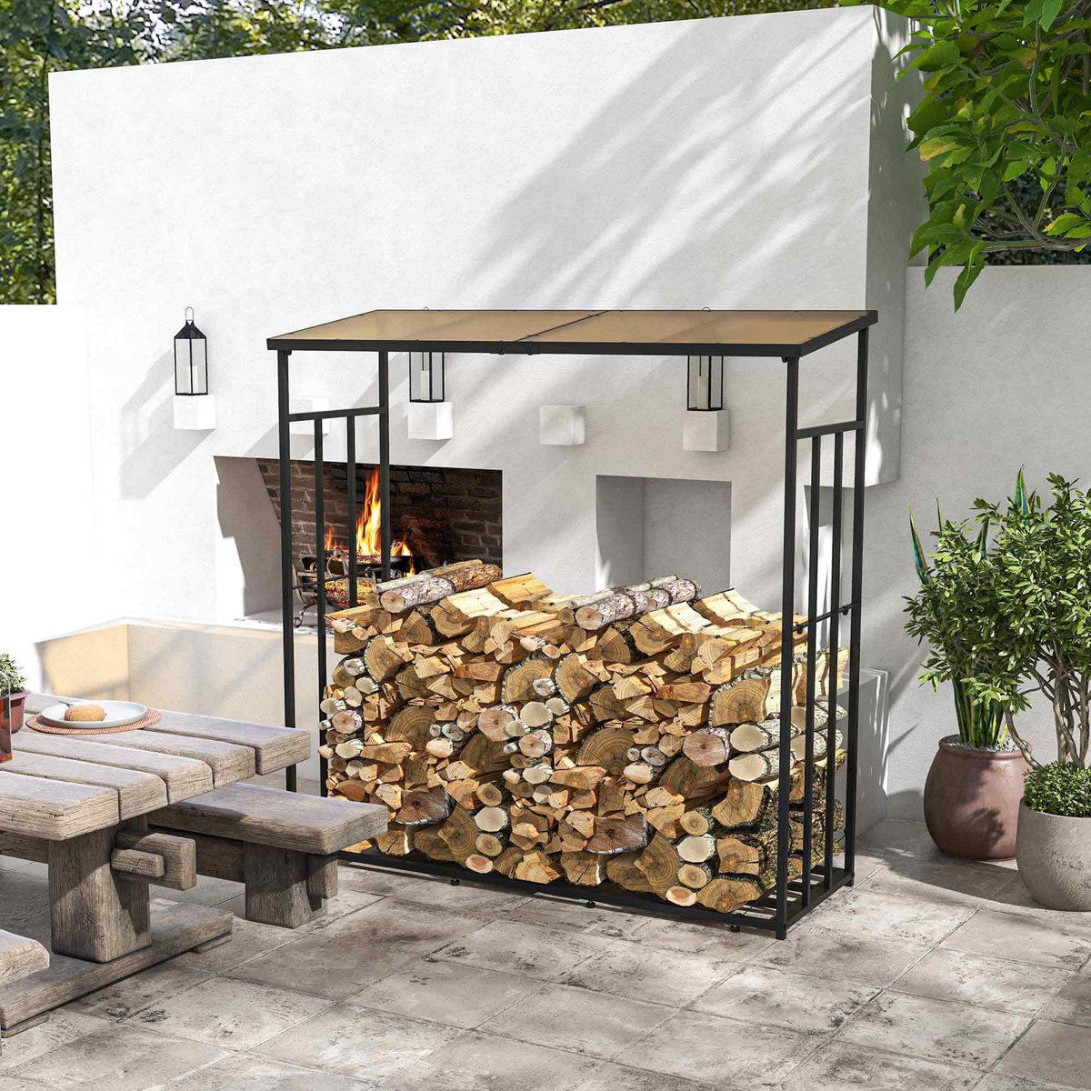 OUTSUNNY Abri-bûches pour bois de chauffage stockage extérieur du bois en métal et polycarbonate 185 x 67 x 185 cm noir