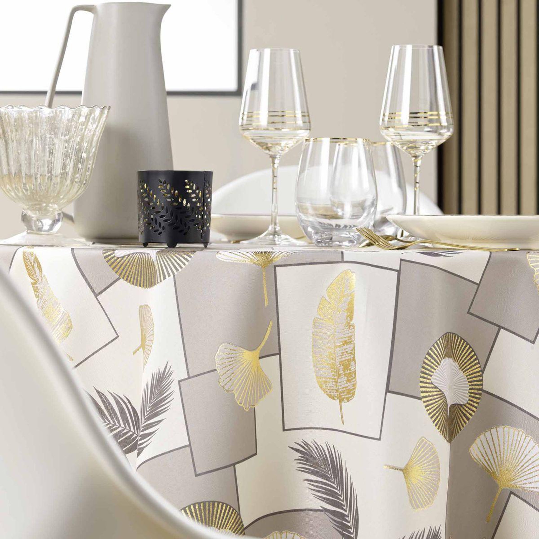 Voir la diapositive 2 : Douceur d'Intérieur Nappe ronde antitache imprimé  natane  180cm naturel