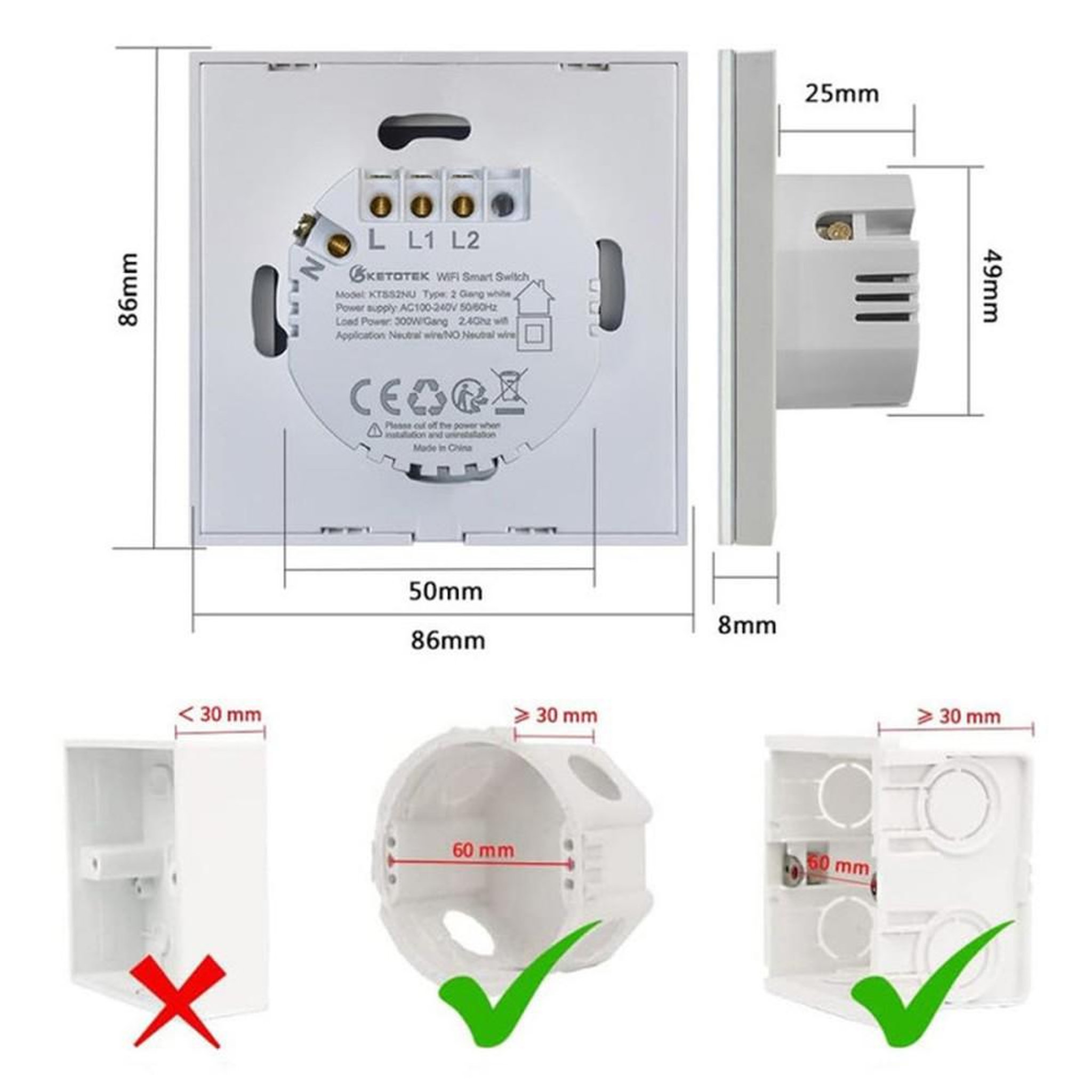 Voir la diapositive 6 : Interrupteur mural WiFi tactile encastrable 2 canaux unidirectionnel, 2 voies, blanc, commande capacitive, 2,4 GHz, 300 W par canal, compatible Alexa et Google