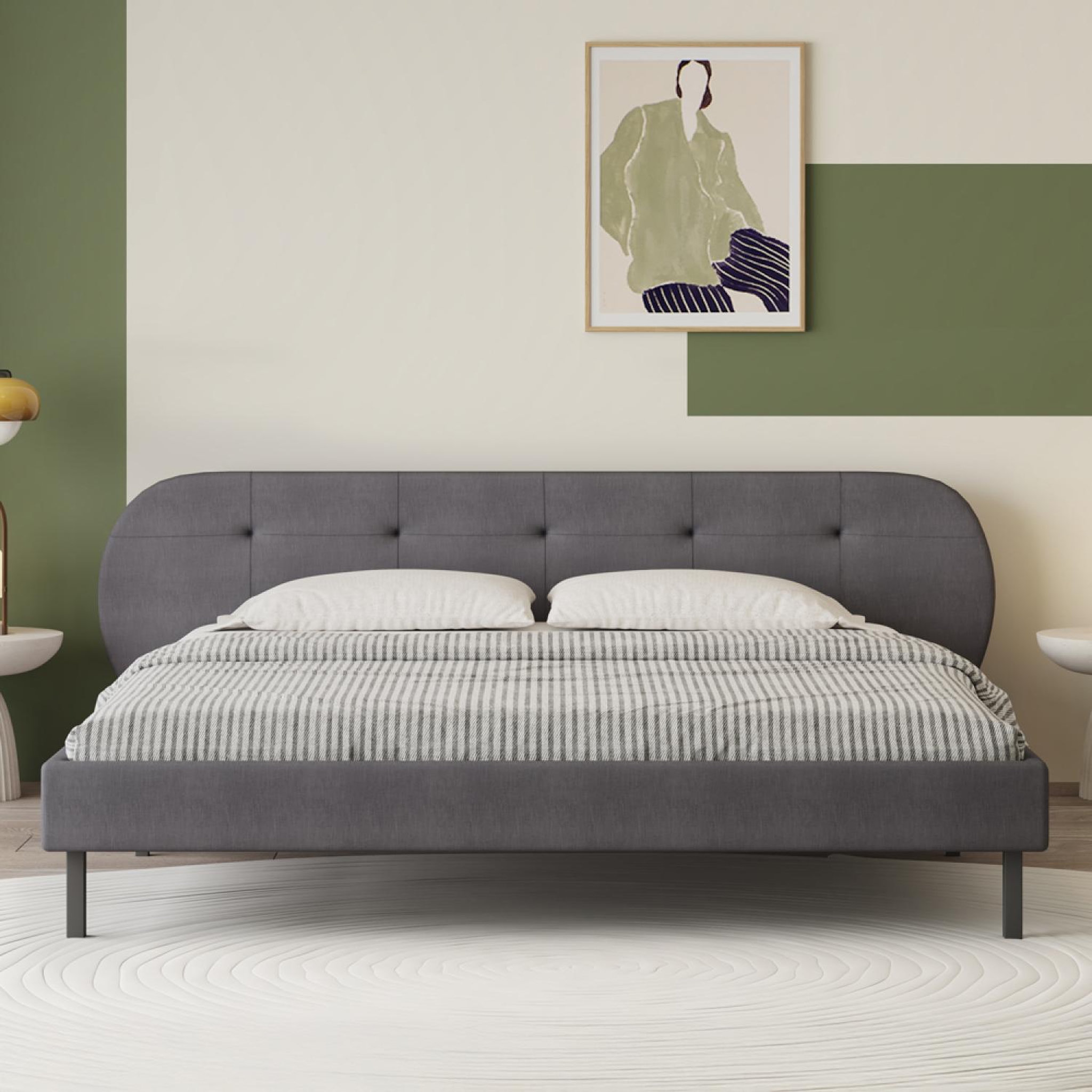 Voir la diapositive 2 : CONCEPT USINE Lit capitonné 140x190cm gris avec tête de lit et sommier tulsa
