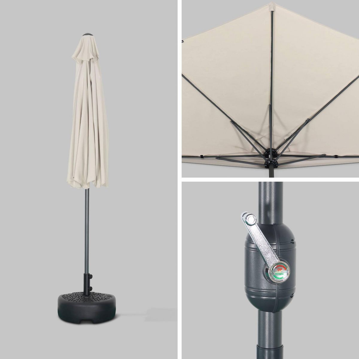 SWEEEK Parasol de balcon Ø250cm  – CALVI – Demi-parasol droit, mât central en aluminium avec manivelle d'ouverture