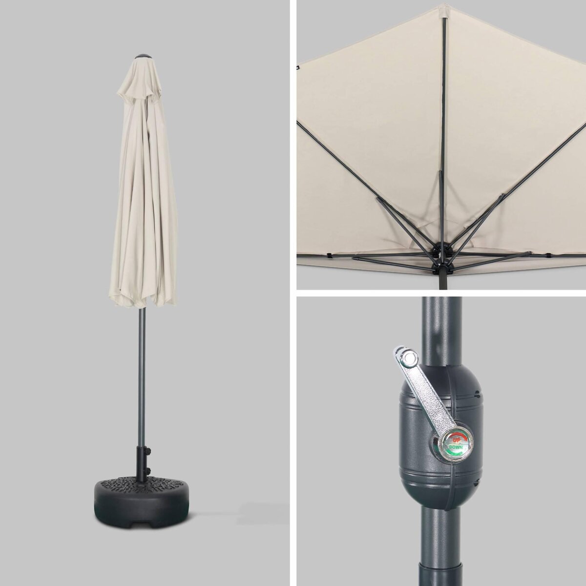 SWEEEK Parasol de balcon Ø250cm  – CALVI – Demi-parasol droit, mât central en aluminium avec manivelle d'ouverture