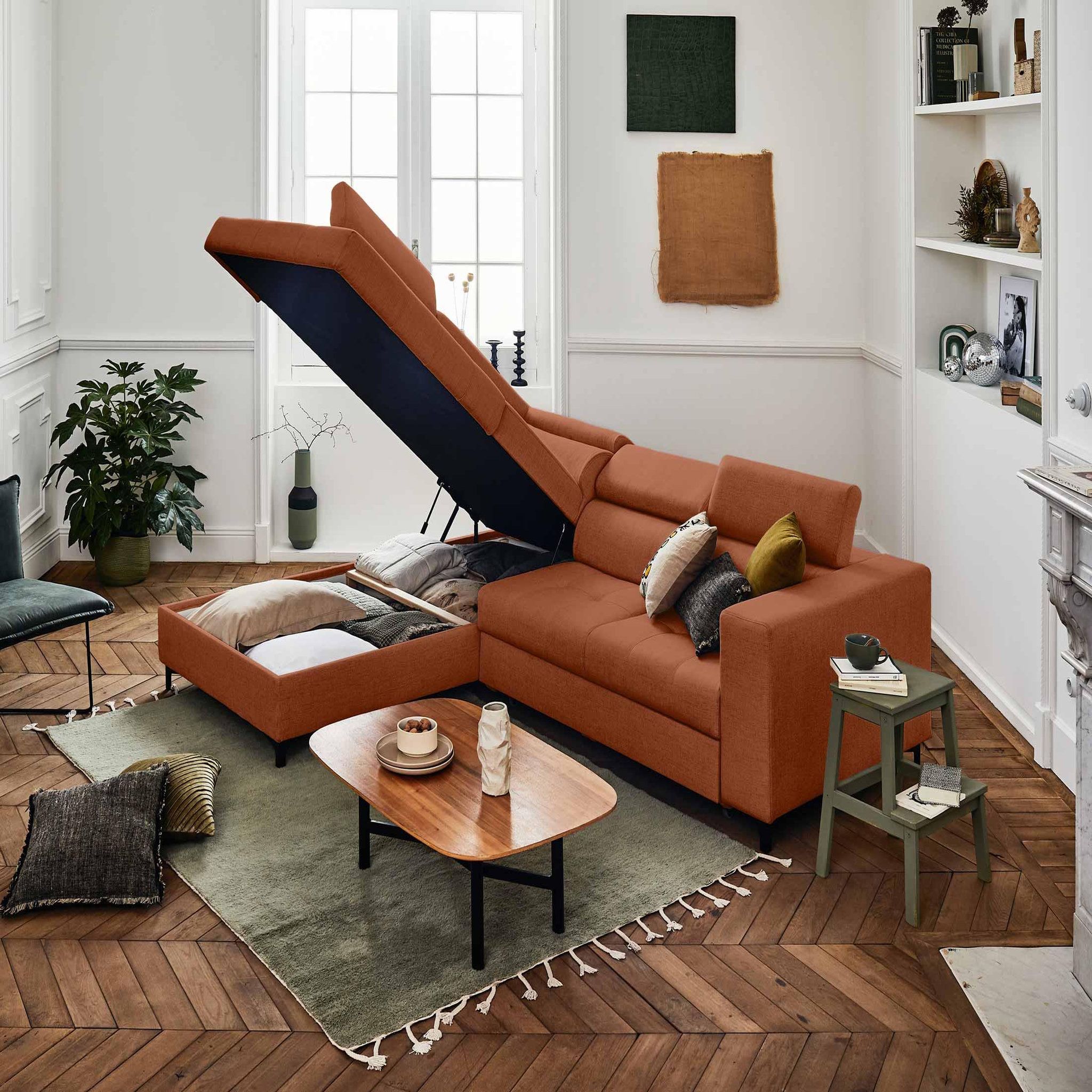 Voir la diapositive 3 : LISA DESIGN Olinda - canapé d'angle gauche - 5 places - convertible avec coffre et têtières réglables - en tissu