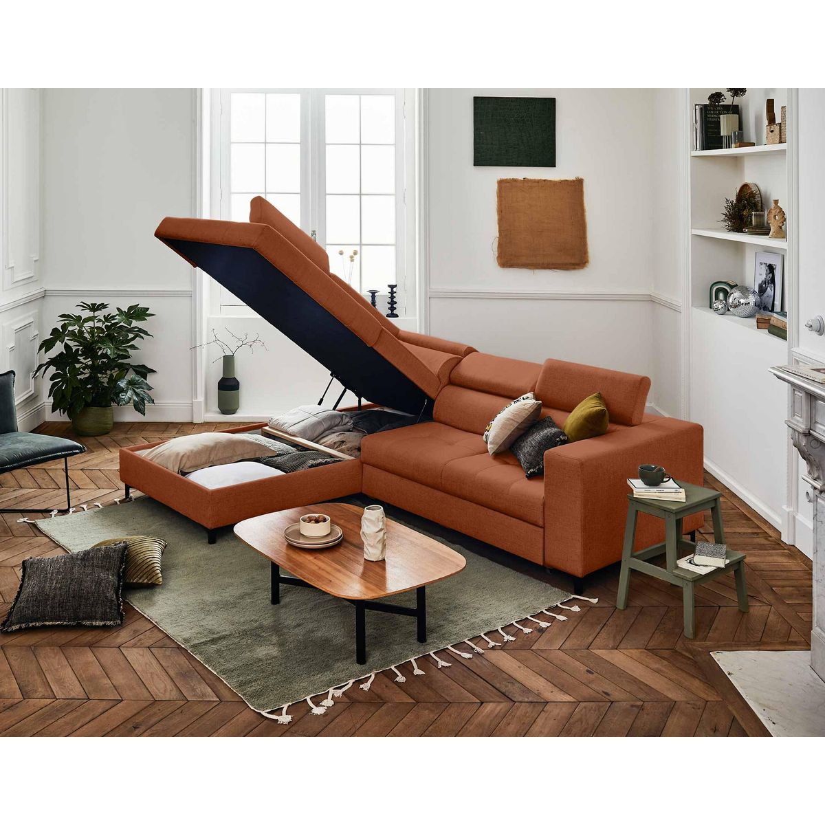 LISA DESIGN Olinda - canapé d'angle gauche - 5 places - convertible avec coffre et têtières réglables - en tissu