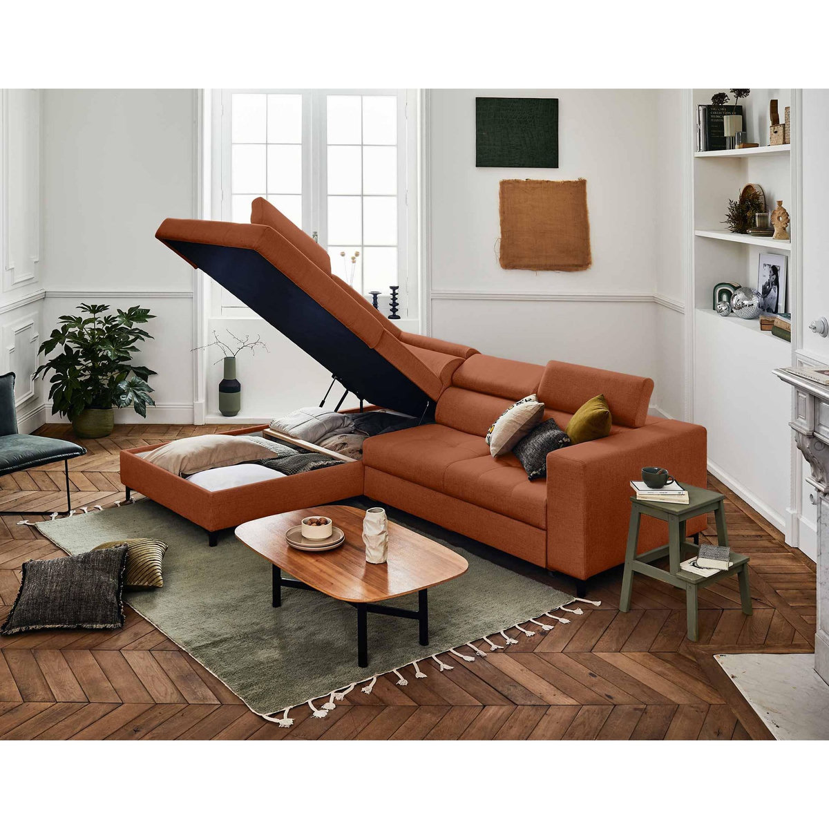 LISA DESIGN Olinda - canapé d'angle gauche - 5 places - convertible avec coffre et têtières réglables - en tissu