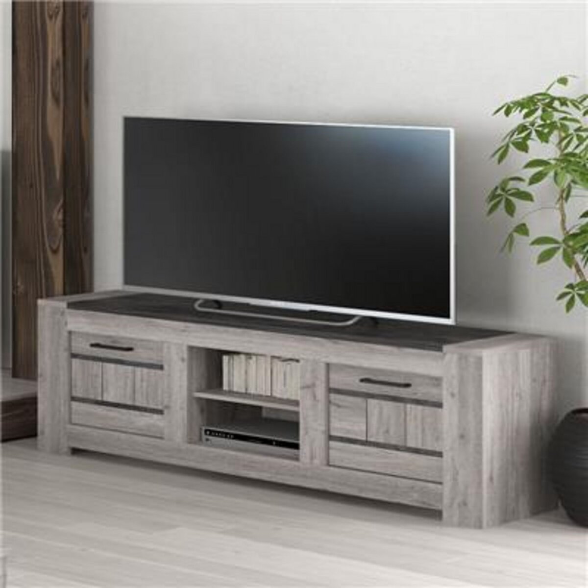 NOUVOMEUBLE Meuble TV 155 cm moderne couleur chêne gris CAMELIA