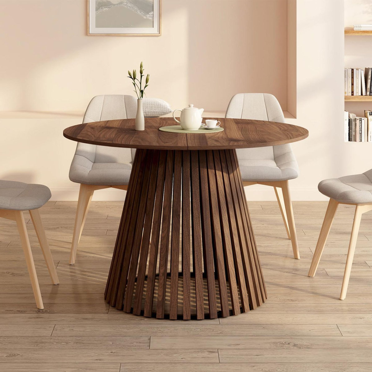 ID MARKET Table à manger extensible ronde CARMEN 4-8 personnes pied noyer en lattes et plateau noyer 110 - 150 cm