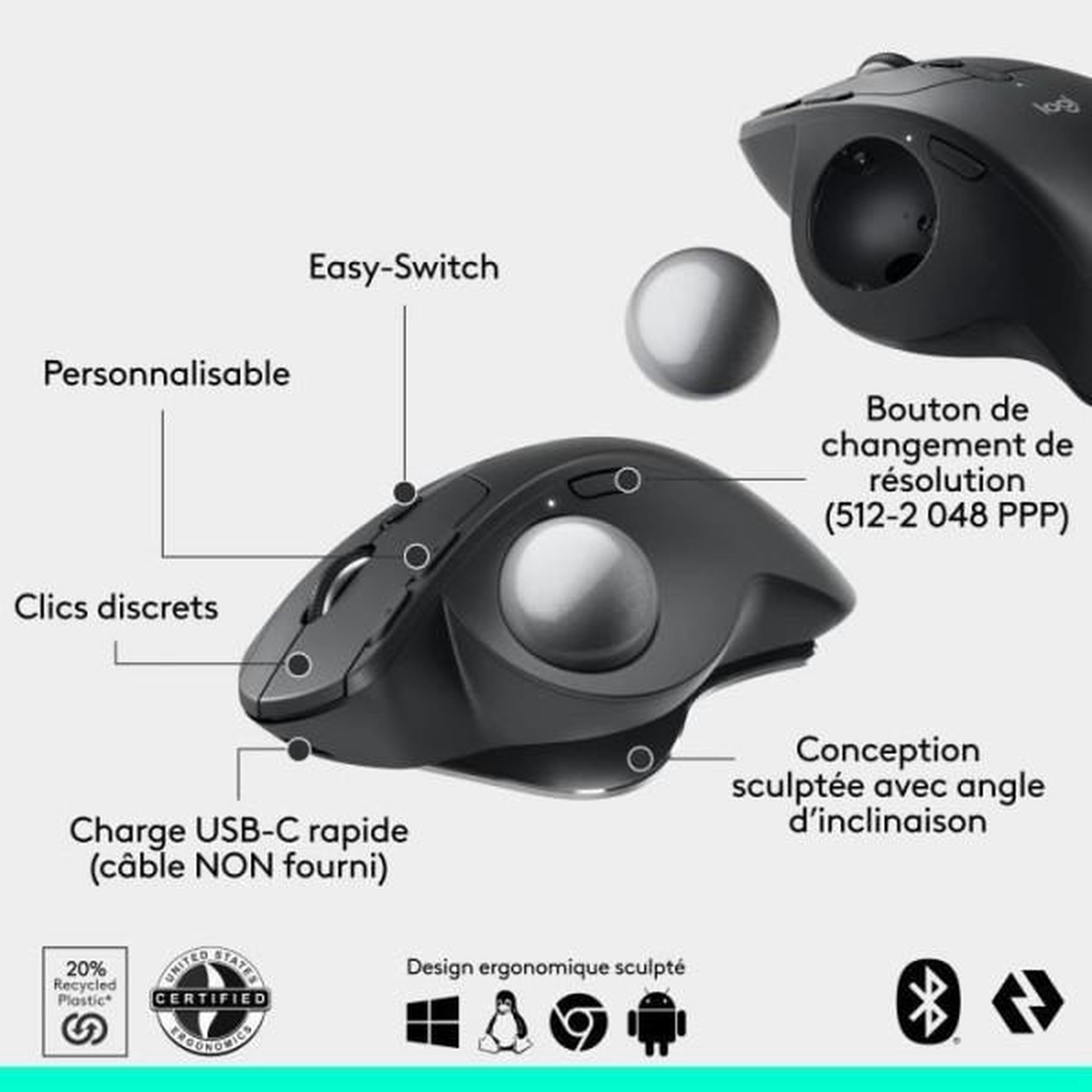 Voir la diapositive 6 : Logitech Souris sans fil rechargeable MX Ergo S