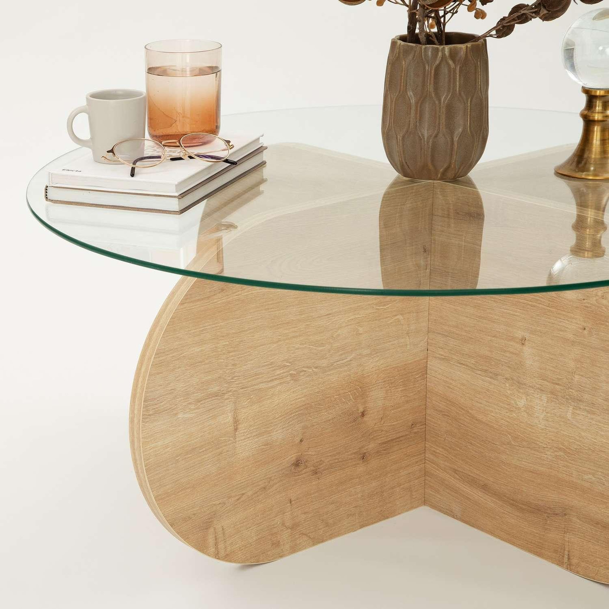 Voir la diapositive 6 : TOILINUX Table basse ronde luminix en verre et bois - beige