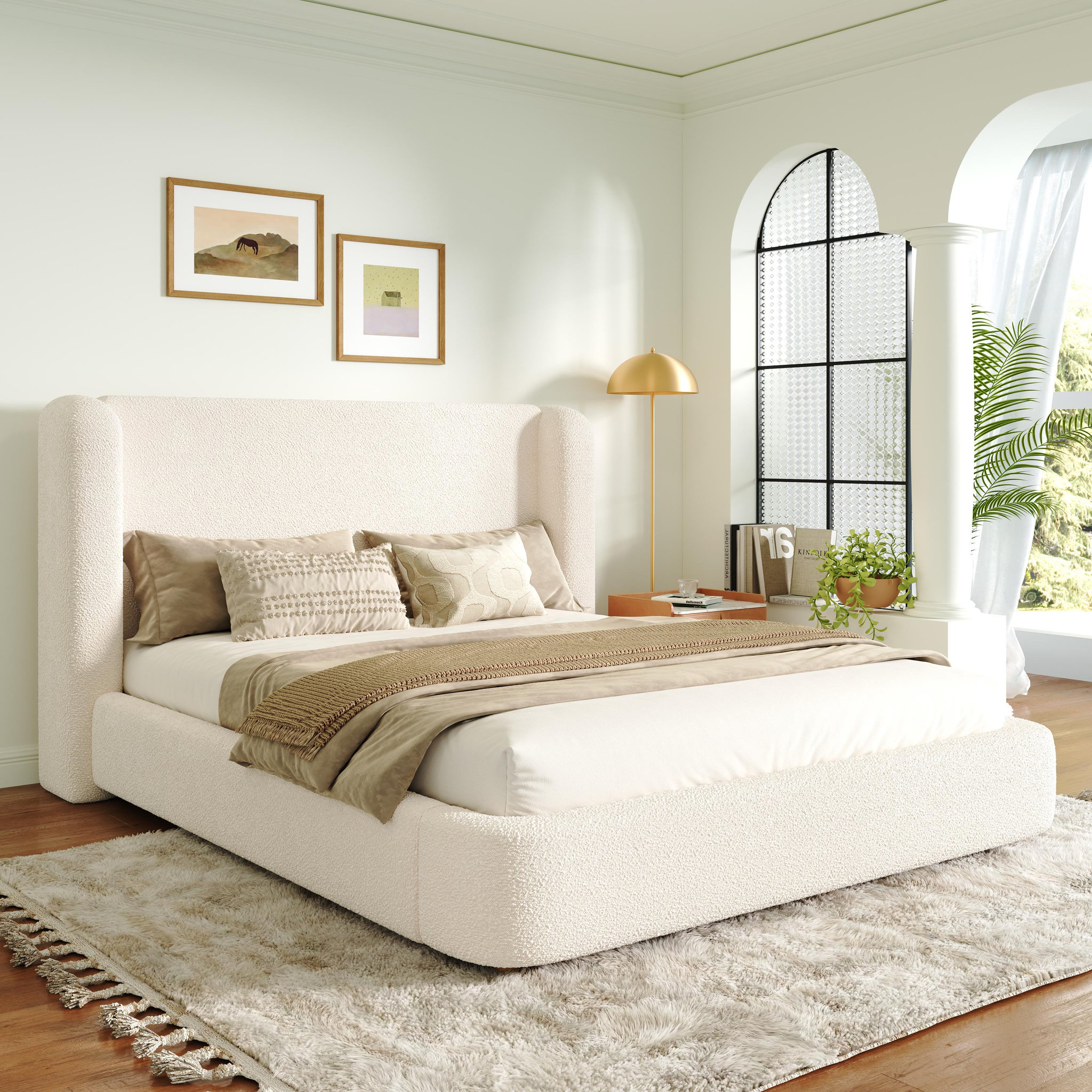 Voir la diapositive 2 : MERAX Lit double 180x200 cm avec sommier à lattes et tête de lit rembourrée, boucle beige