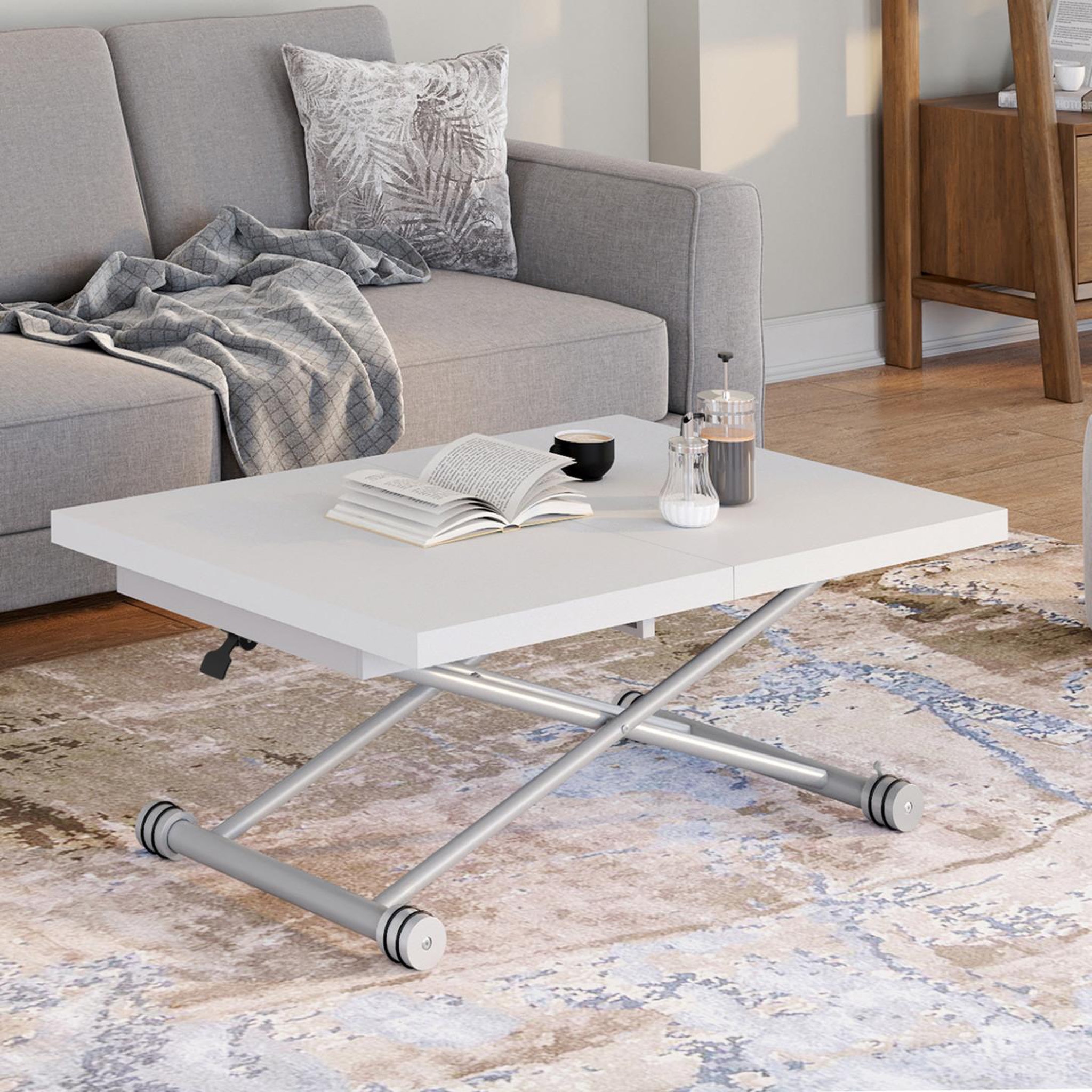Voir la diapositive 2 : ID MARKET Table basse extensible relevable en table à manger rectangulaire altura 100-160 cm plateau blanc pied gris chromé