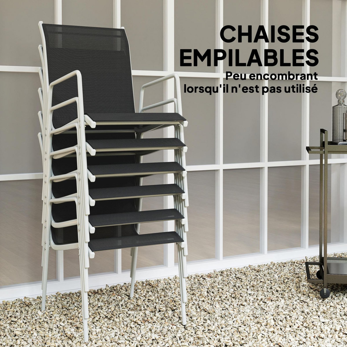 OUTSUNNY Ensemble de jardin 6 pers. 6 chaises empilables table plateau verre trempé 5 mm métal époxy gris textilène noir