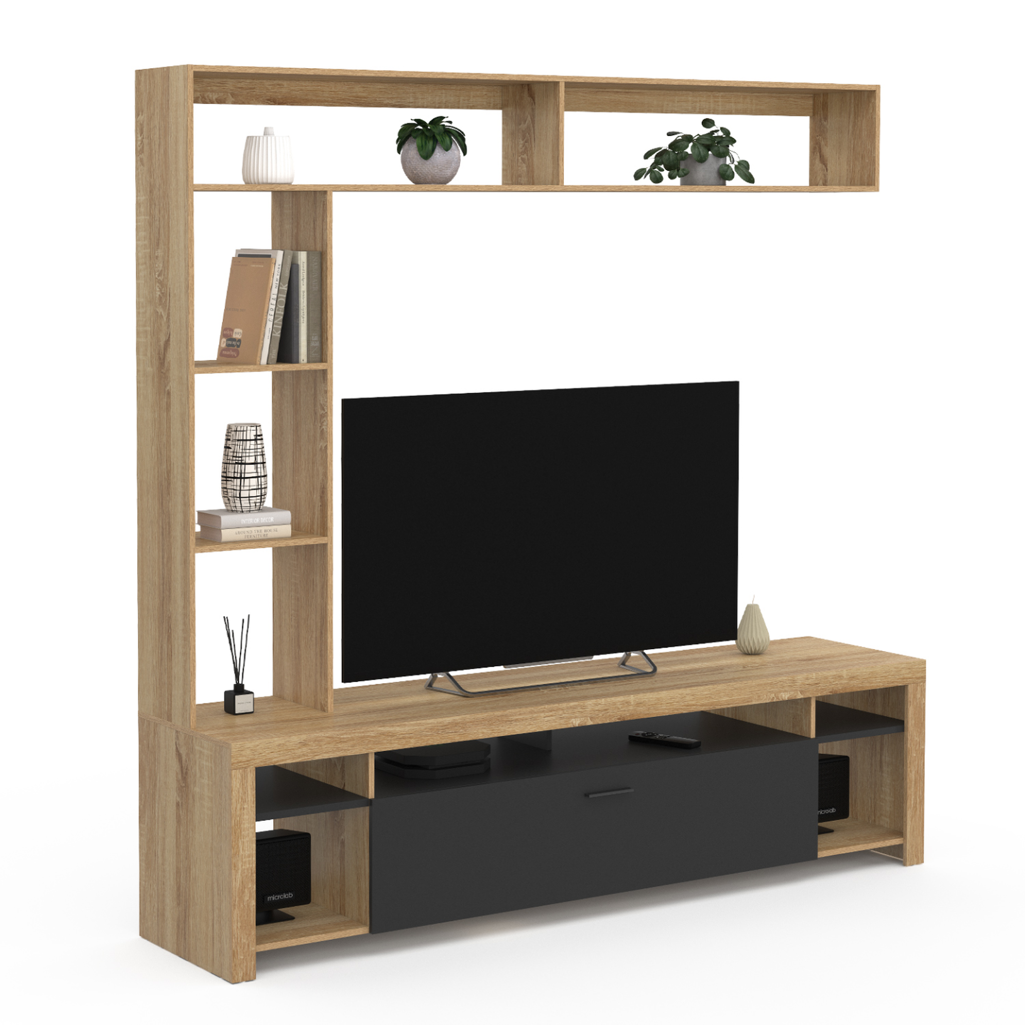 ID MARKET Ensemble meuble tv et étagères 170 cm malo bois et placard noir