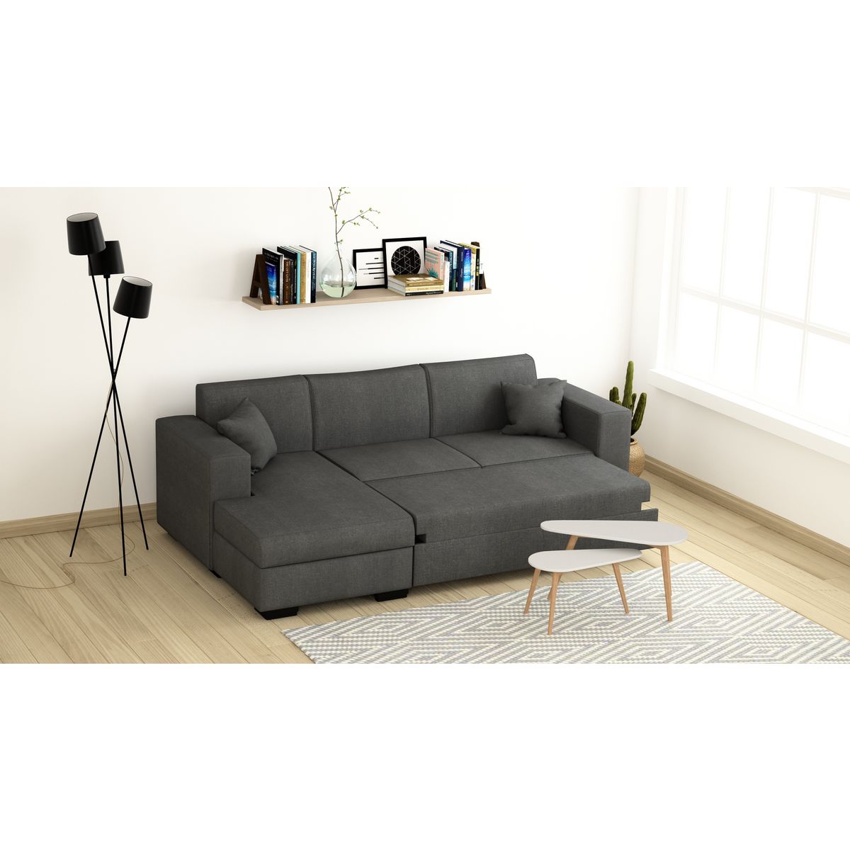 Canapé d'angle gauche convertible  4 places avec coffre tissu CARIBEA