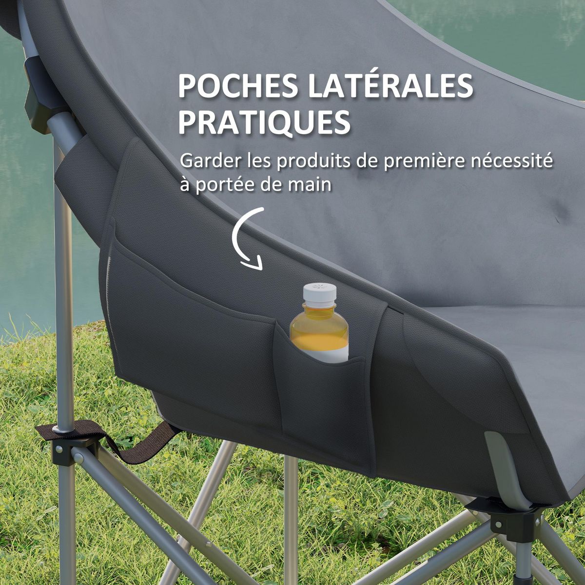 OUTSUNNY Chaise de camping pliante rembourrée revêtement toucher daim grand confort rangements sac inclus gris