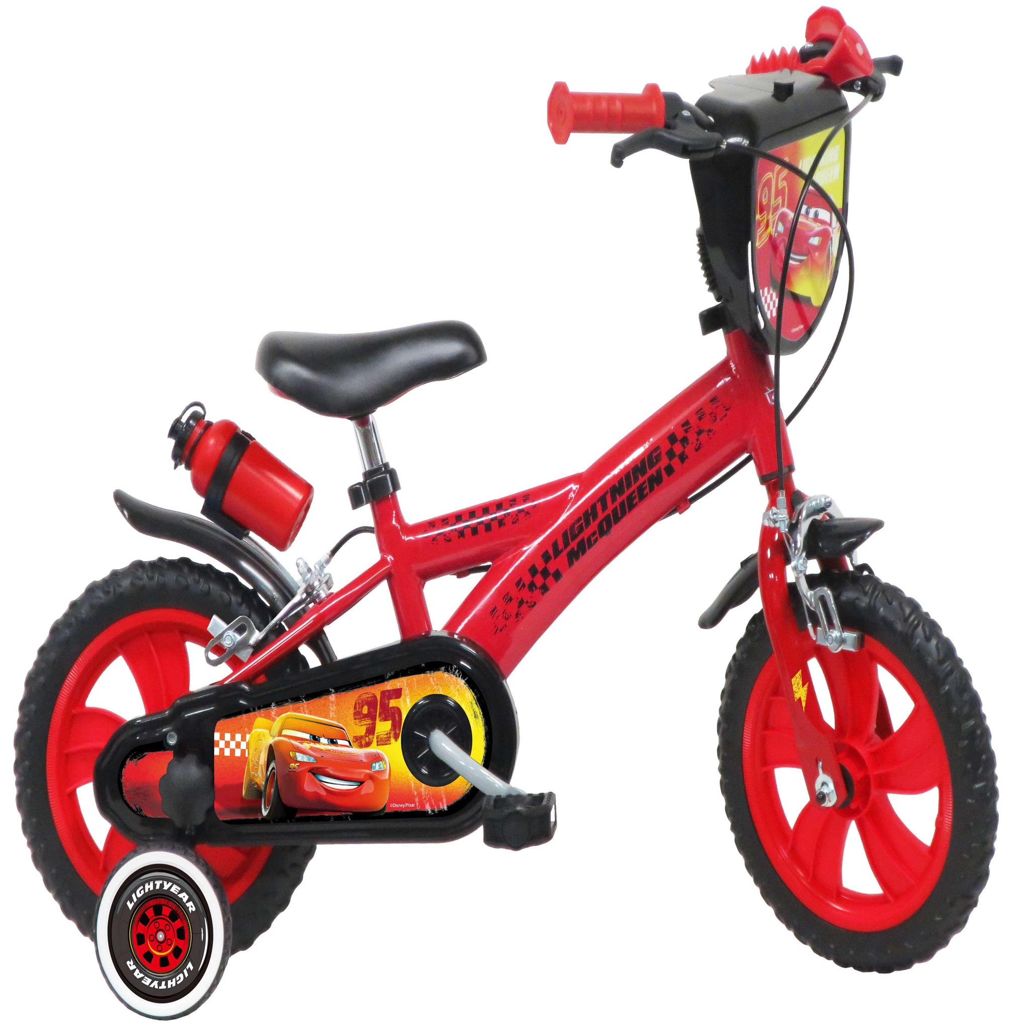 Voir la diapositive 1 : Disney Cars Vélo enfant - Modèle 12'' Cars pour enfant de 85/100 cm avec stabilisateurs - Plaque décorative avant - Porte bidon - 2 freins et roues à bâtons