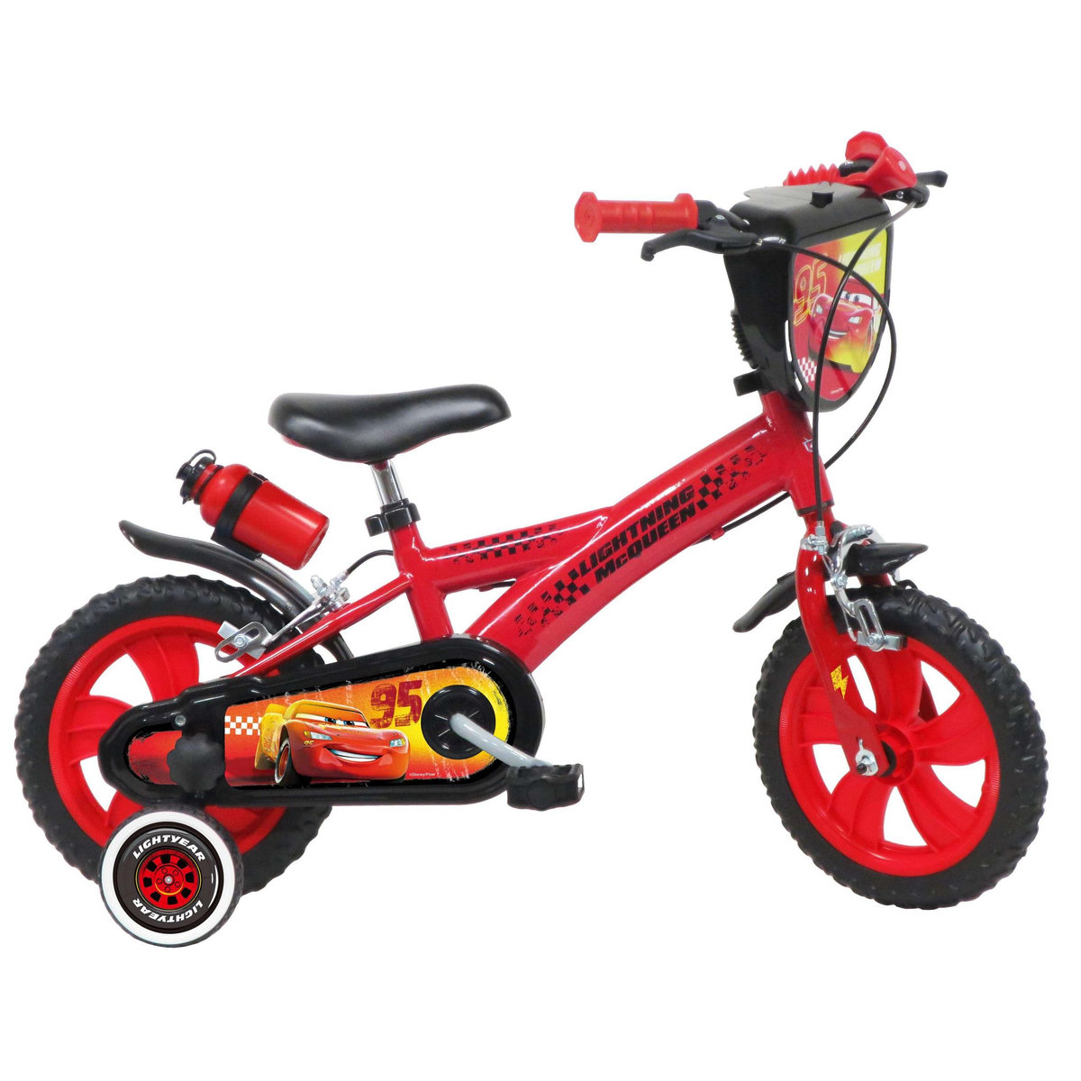 Disney Cars Vélo enfant - Modèle 12'' Cars pour enfant de 85/100 cm avec stabilisateurs - Plaque décorative avant - Porte bidon - 2 freins et roues à bâtons
