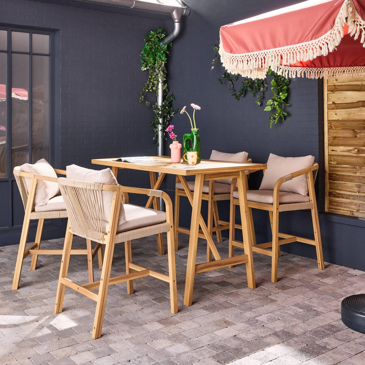 SWEEEK Table haute de jardin bois d'acacia + 4 assises Paloma et Zahara naturel 150 x 81 x 100 cm