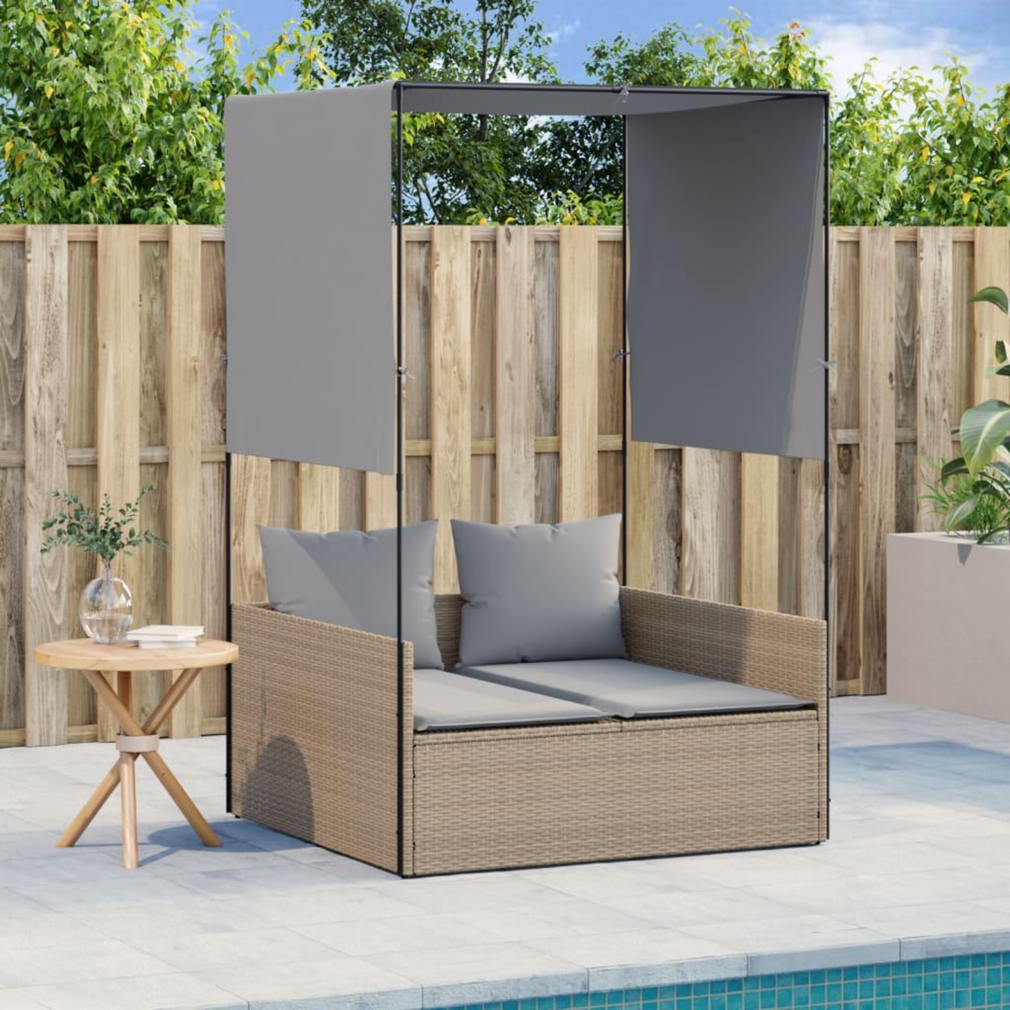 VIDAXL Chaise longue double avec toit et rideaux beige resine tressee