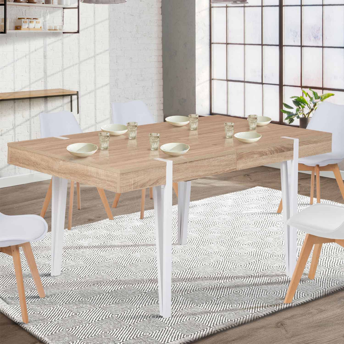 ID MARKET Table à manger extensible rectangle AUSTRIA 6-10 personnes bois pied épingle blanc 160-200 cm