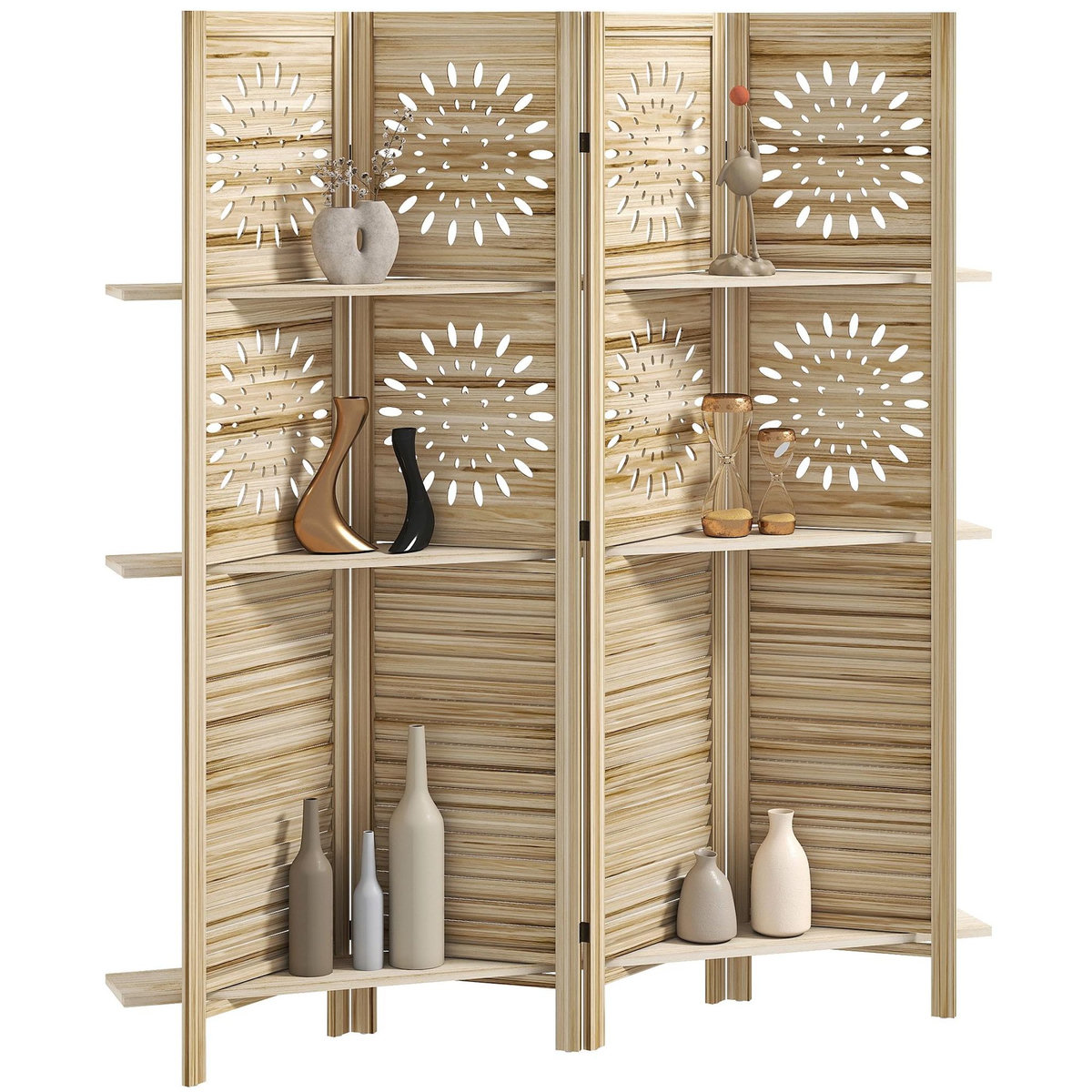 HOMCOM Paravent intérieur bois naturel 4 panneaux 3 étagères séparateur de pièce pliable 160 x 170 cm