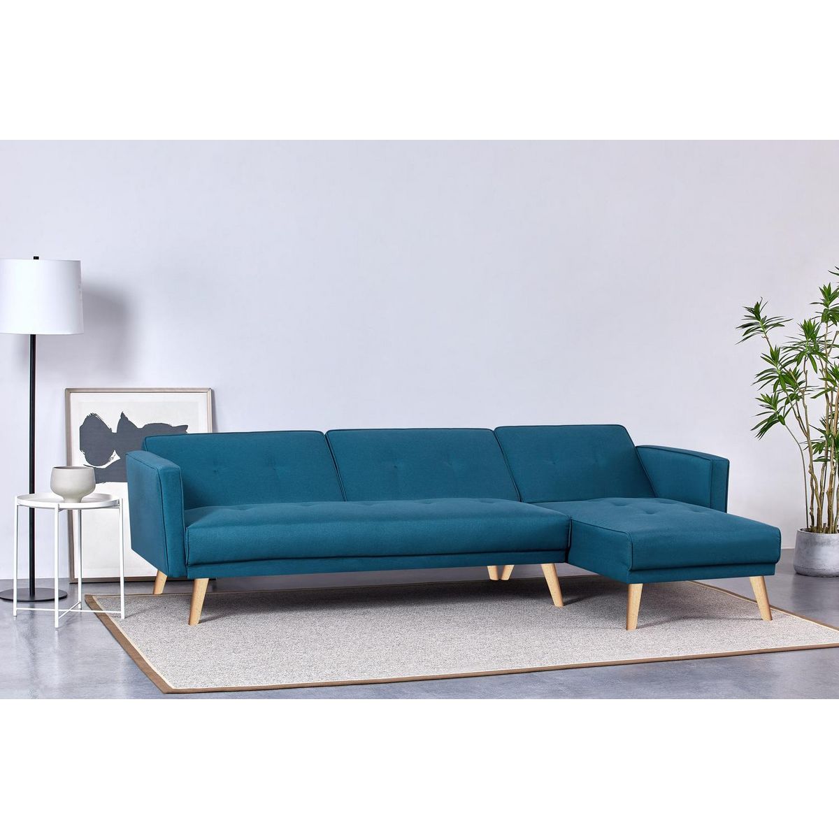 CONCEPT USINE Canapé d'angle réversible et convertible 4 places en tissu bleu canard GRACE