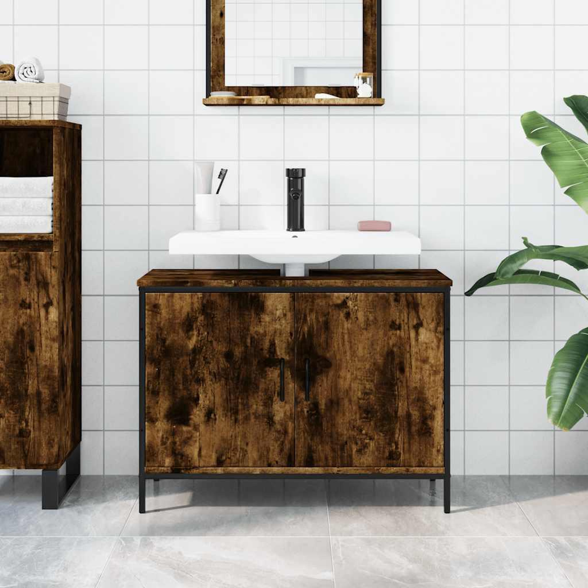 Voir la diapositive 3 : VIDAXL Armoire lavabo de salle de bain chene fume 80x30x60 cm