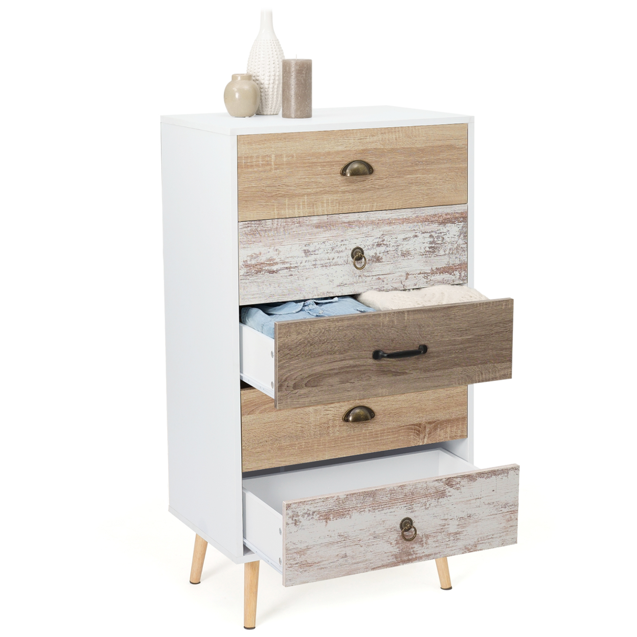 Voir la diapositive 4 : ID MARKET Chiffonnier 5 tiroirs bahia 60x40x110 cm commode semainier design scandinave