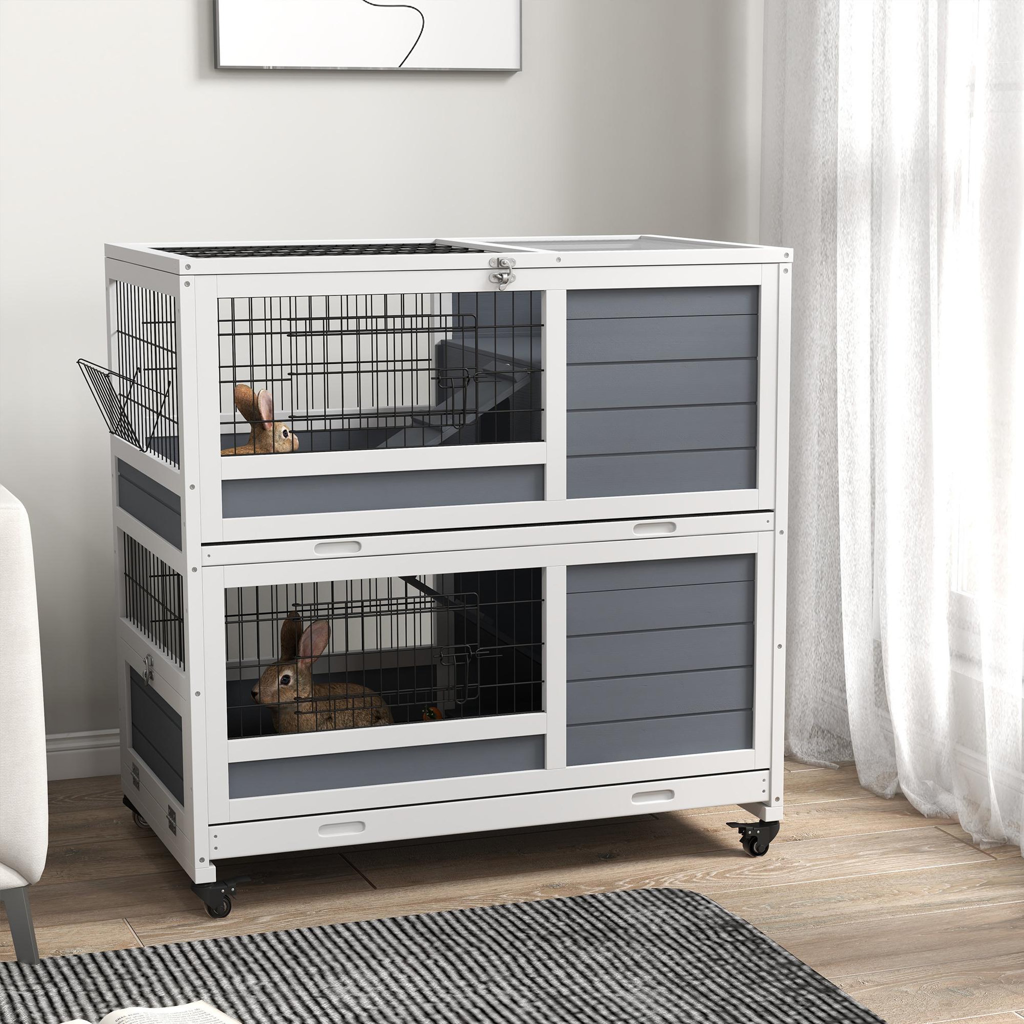 Voir la diapositive 2 : PAWHUT Clapier cage lapin sur roulettes - 2 niveaux, 2 plateaux, 3 portes, rampes - bois sapin gris blanc