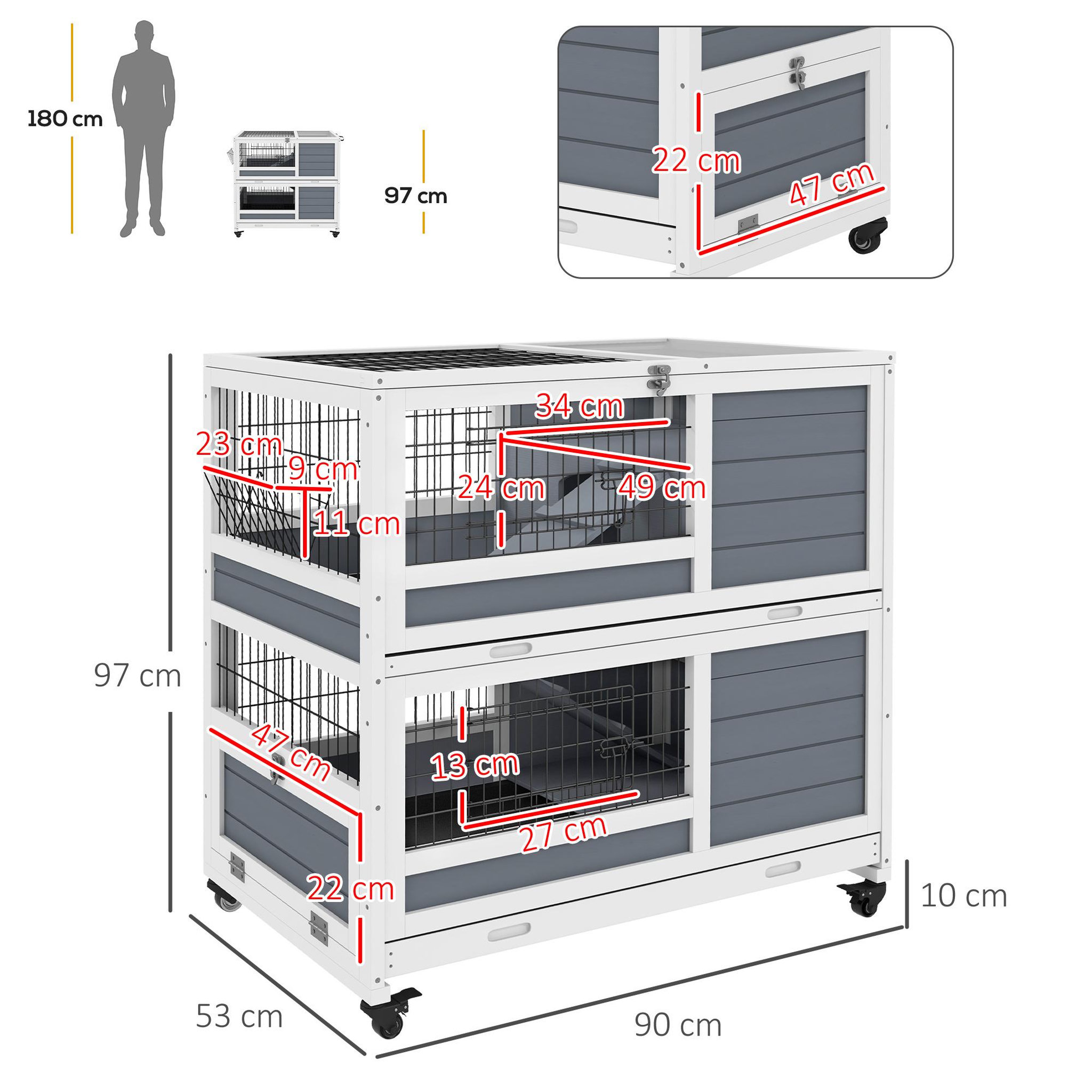 Voir la diapositive 3 : PAWHUT Clapier cage lapin sur roulettes - 2 niveaux, 2 plateaux, 3 portes, rampes - bois sapin gris blanc
