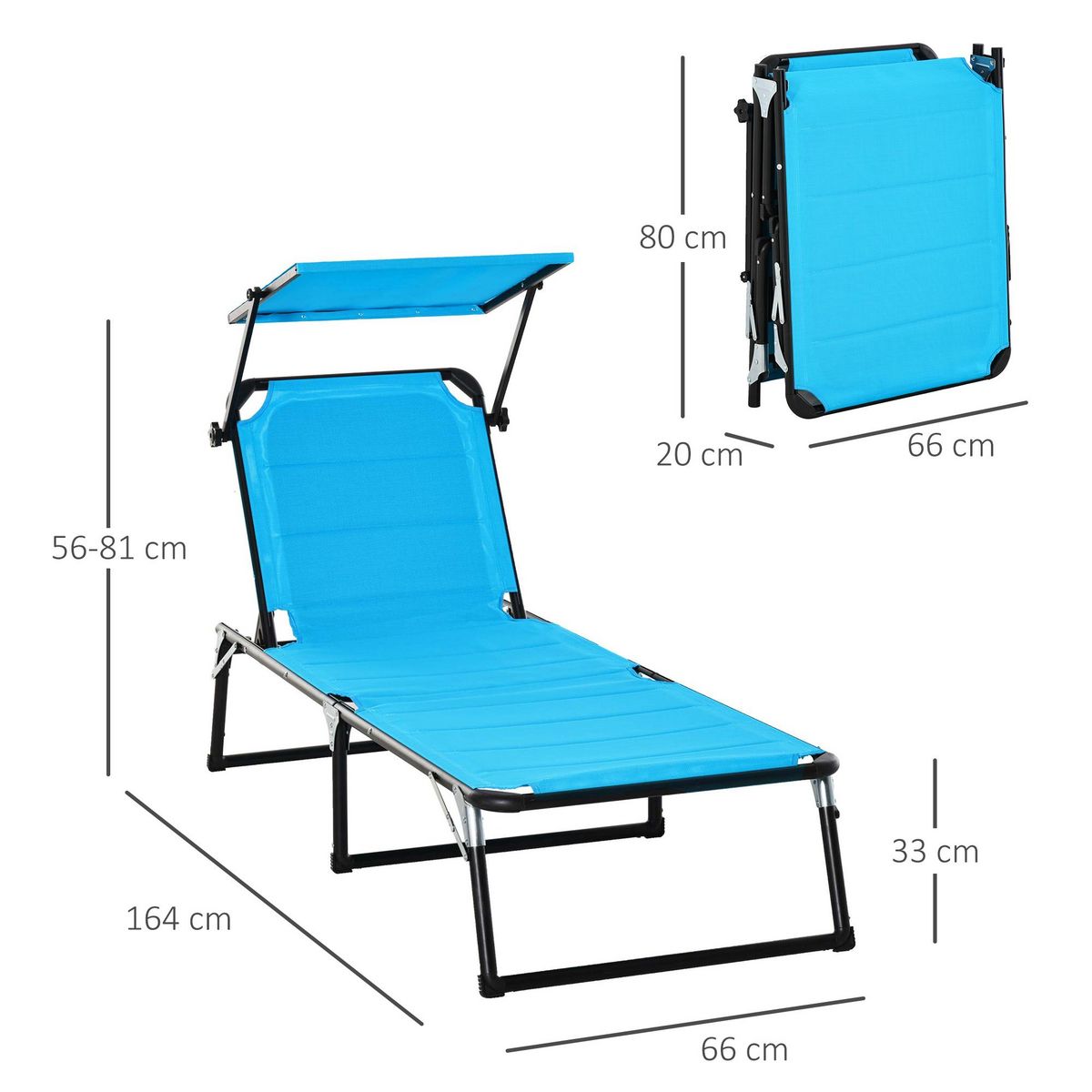 OUTSUNNY Bain de soleil transat pliable grand confort dossier pare-soleil réglables multi-positions alu. textilène bleu