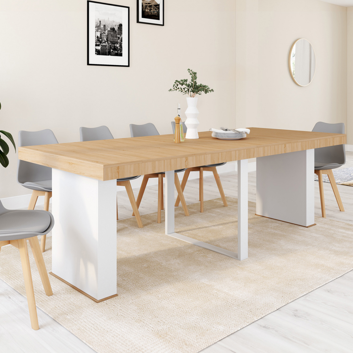 ID MARKET Table console extensible EDEN 10 personnes 235 cm bois et blanc