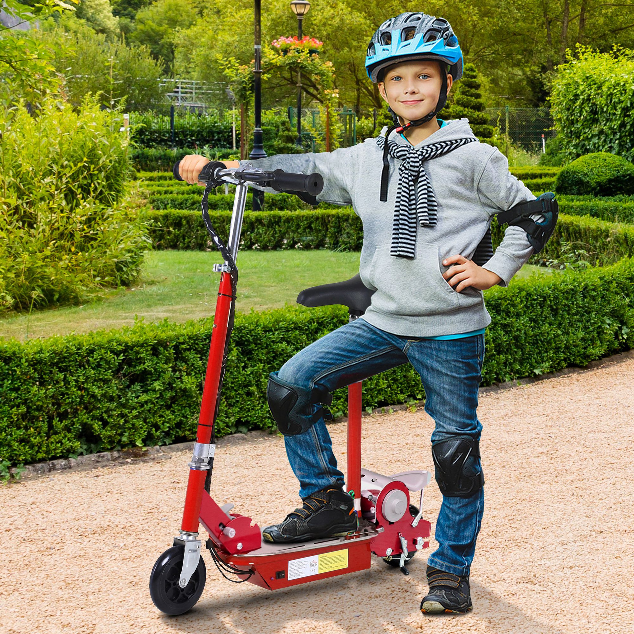 Voir la diapositive 2 : HOMCOM Trottinette électrique 120 W pliable pour enfant de 7 à 12 ans hauteur guidon et selle réglable 10 Km/h max. rouge