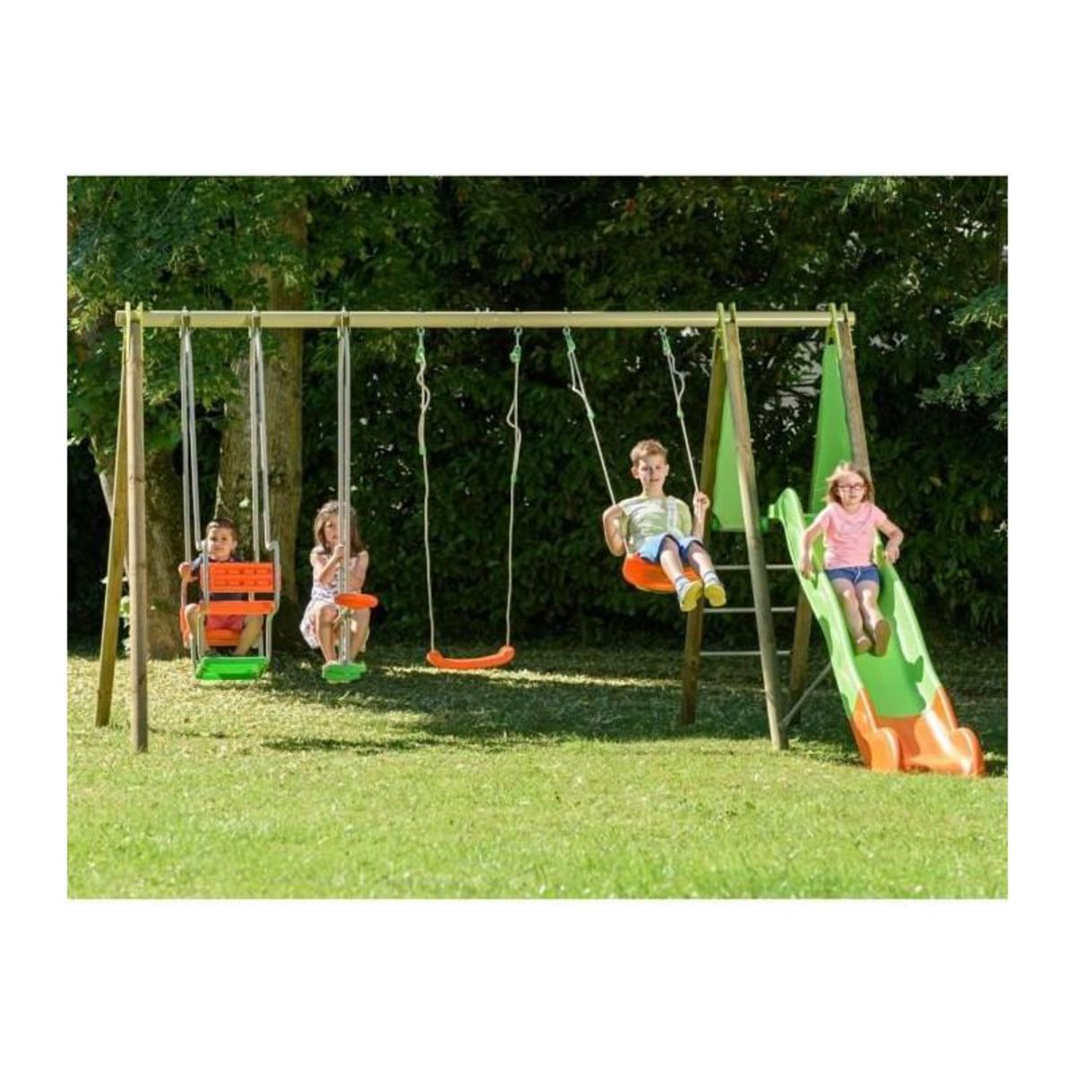 Trigano Portique bois et métal - 2,30m - 2 balançoires, 1 face a face, 1 nacelle et 1 toboggan 2,63m - KAHUNA TRIGANO