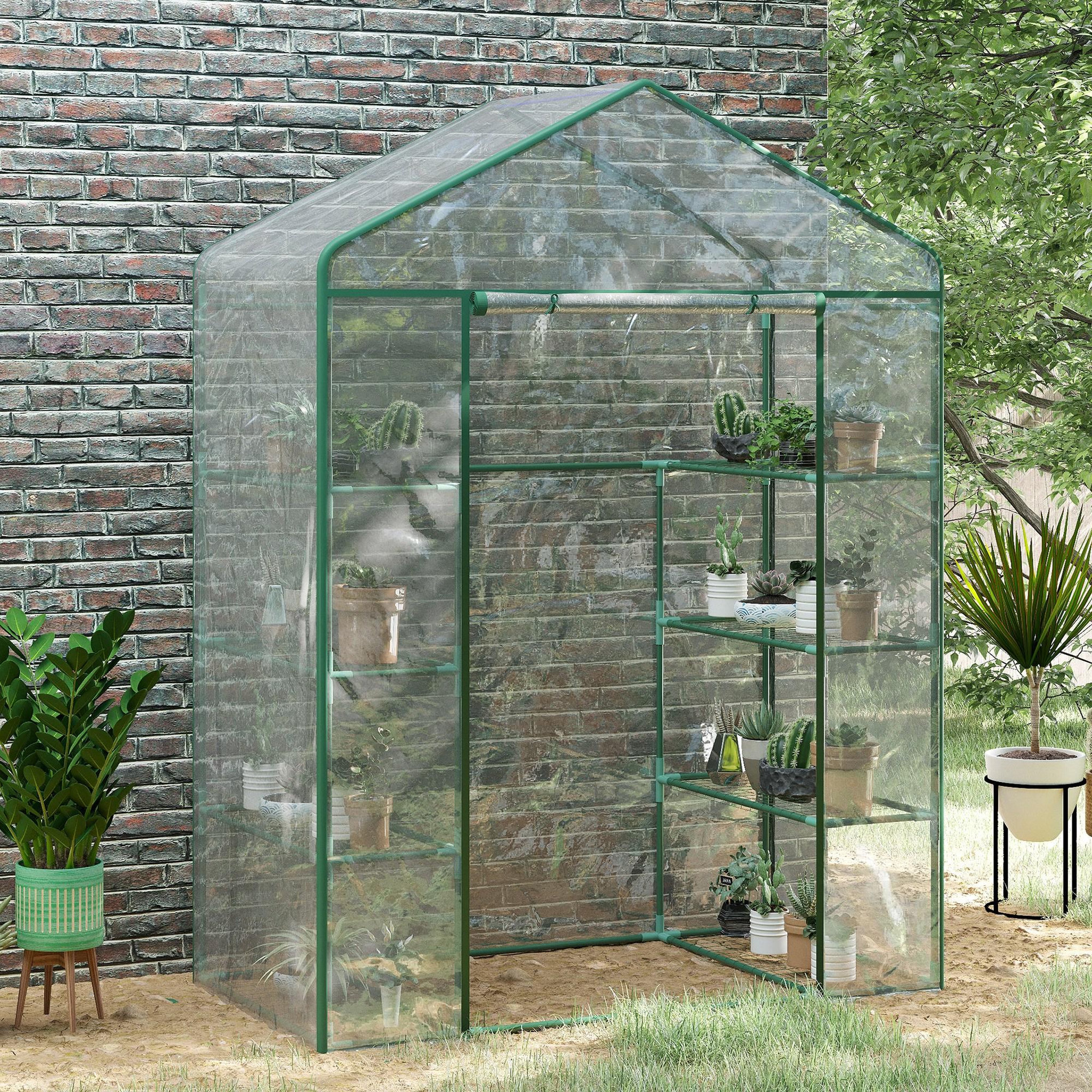 Voir la diapositive 2 : OUTSUNNY Serre de jardin balcon terrasse 8 étagères dim. 143l x 73l x 195h cm acier pvc imperméable anti-uv transparent vert