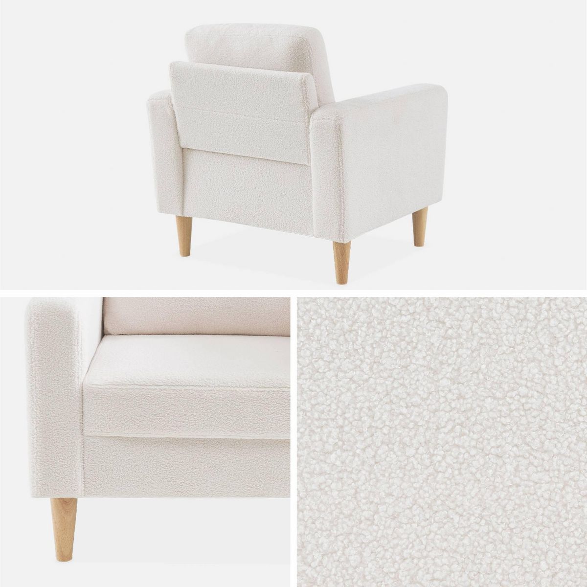 SWEEEK Fauteuil à bouclettes blanc cassé. scandinave  - Bjorn - Canapé 1 place fixe droit pieds bois