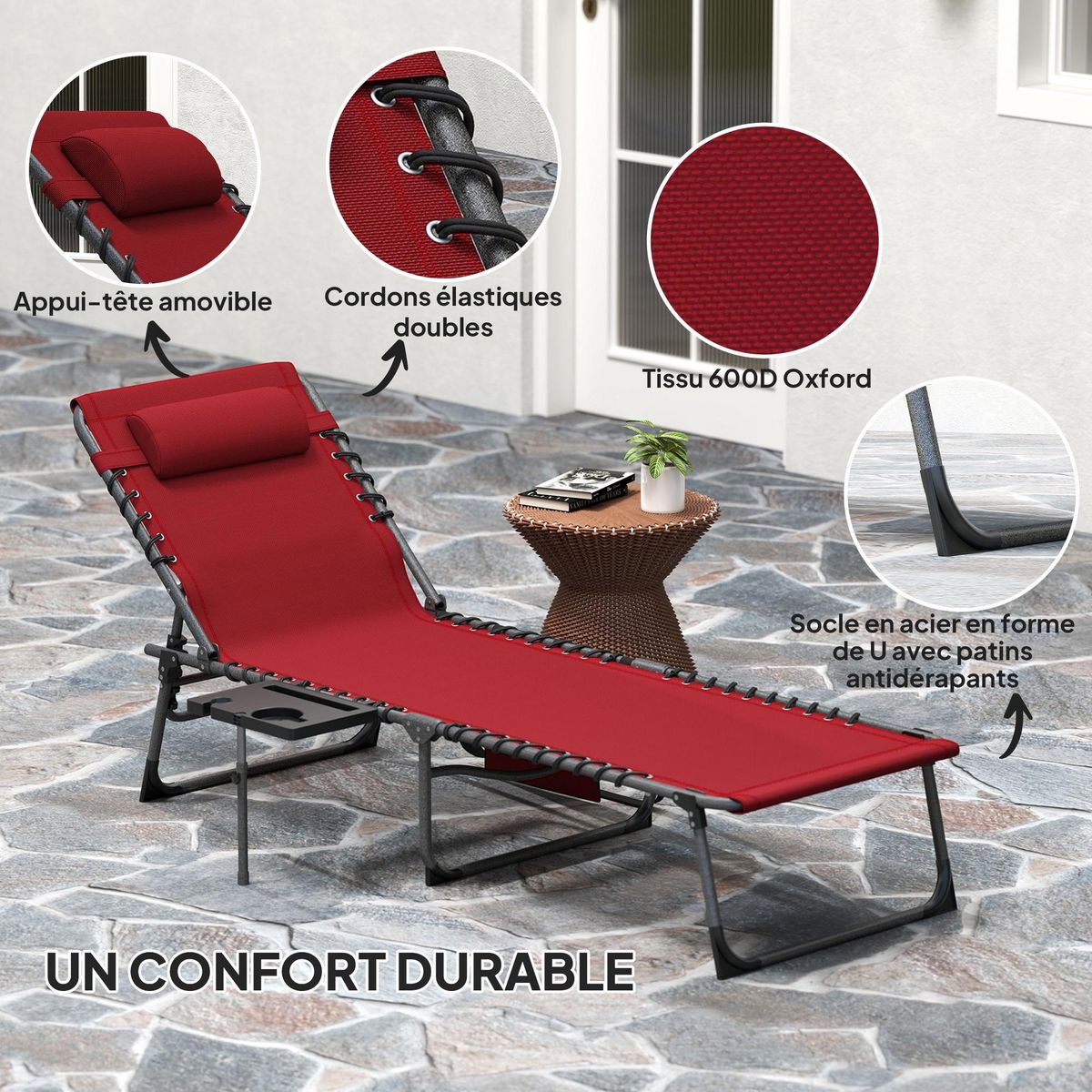 OUTSUNNY Bain de soleil transat pliable inclinable avec poignée, plateau et pochette rangement acier oxford bordeaux