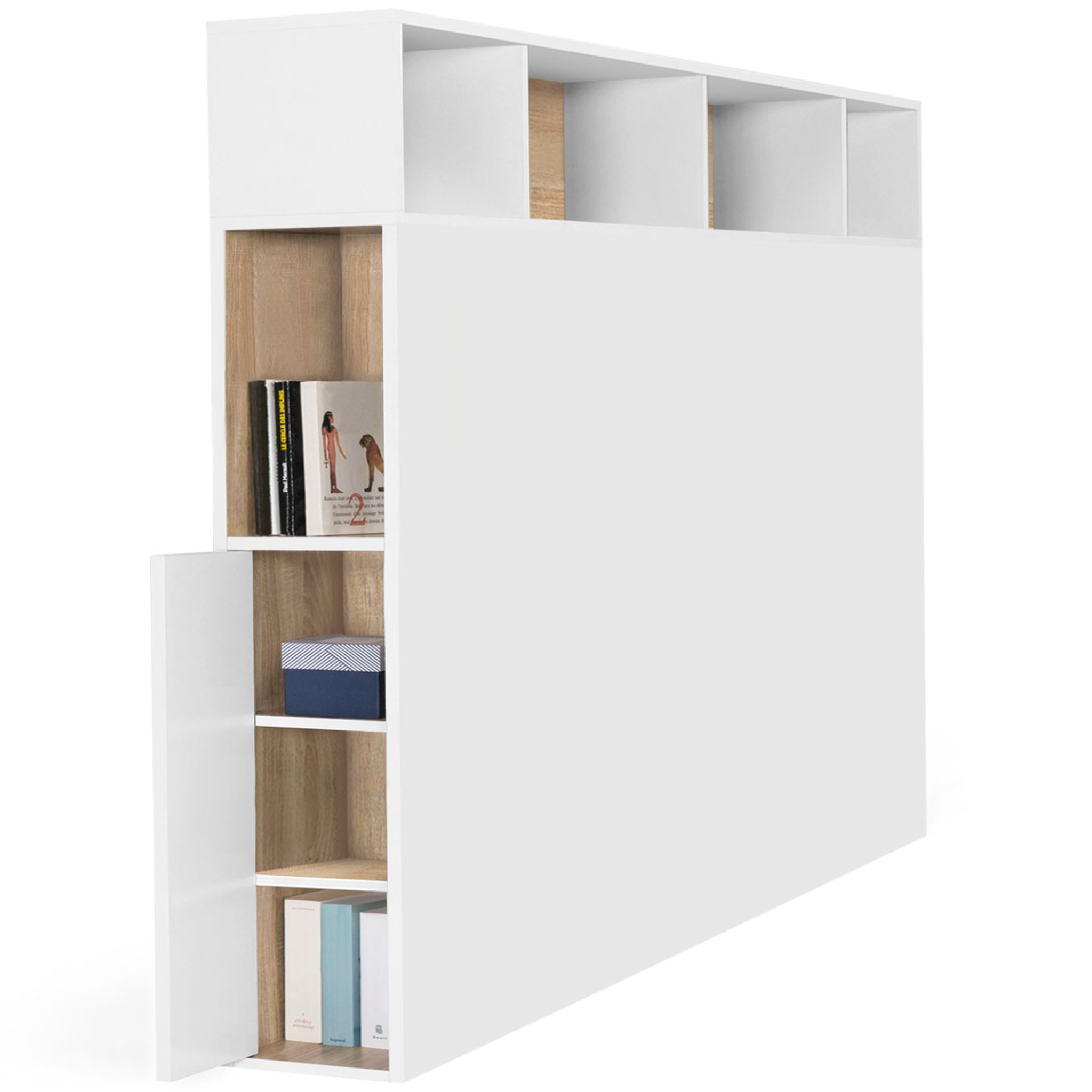 Voir la diapositive 4 : ID MARKET Tête de lit sur pied cleo 165 cm avec rangements fermés et niches blanc et façon hêtre