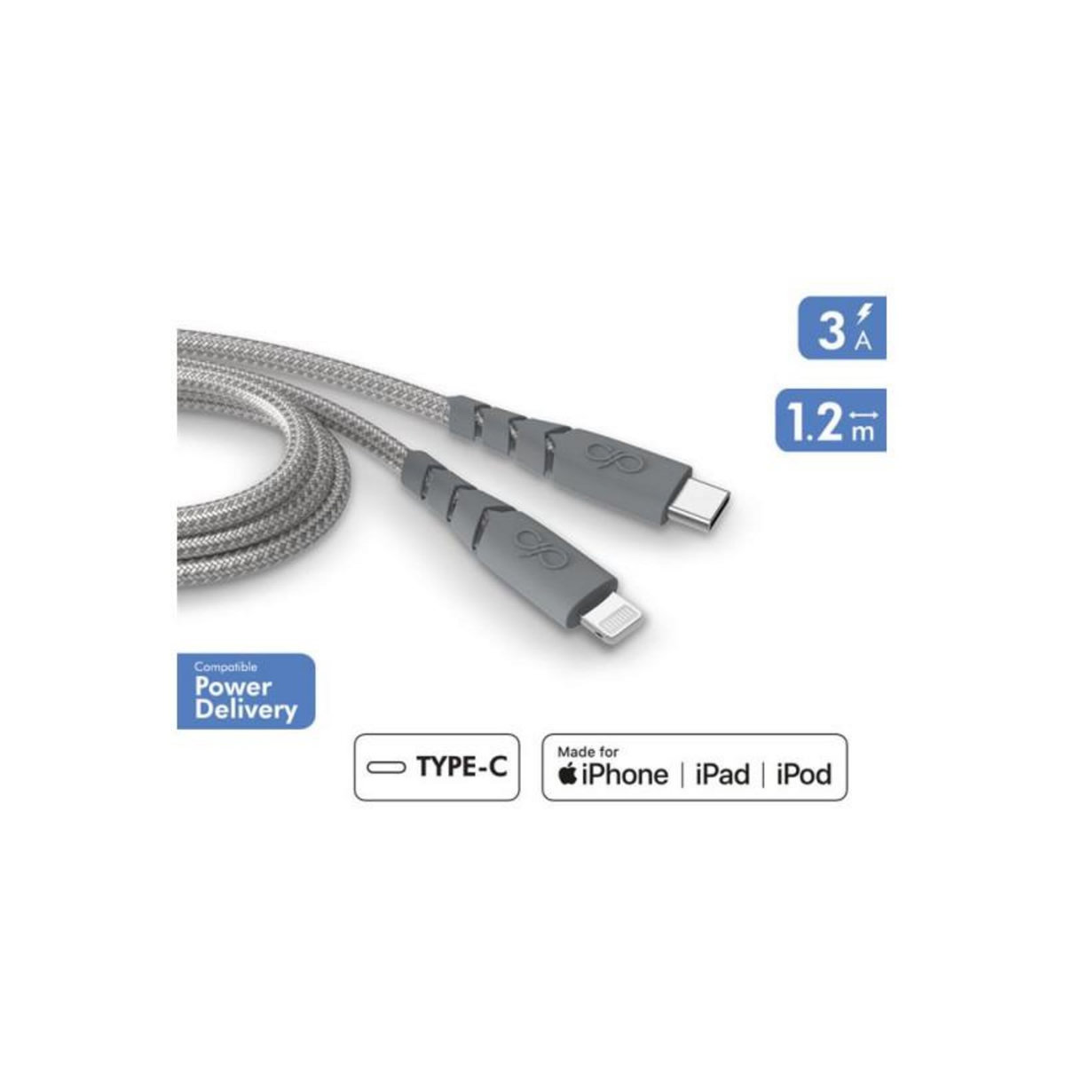 FORCE POWER Câble Ultra renforcé USB C Lightning Force Power pour Apple iPhone 1.2 m Gris