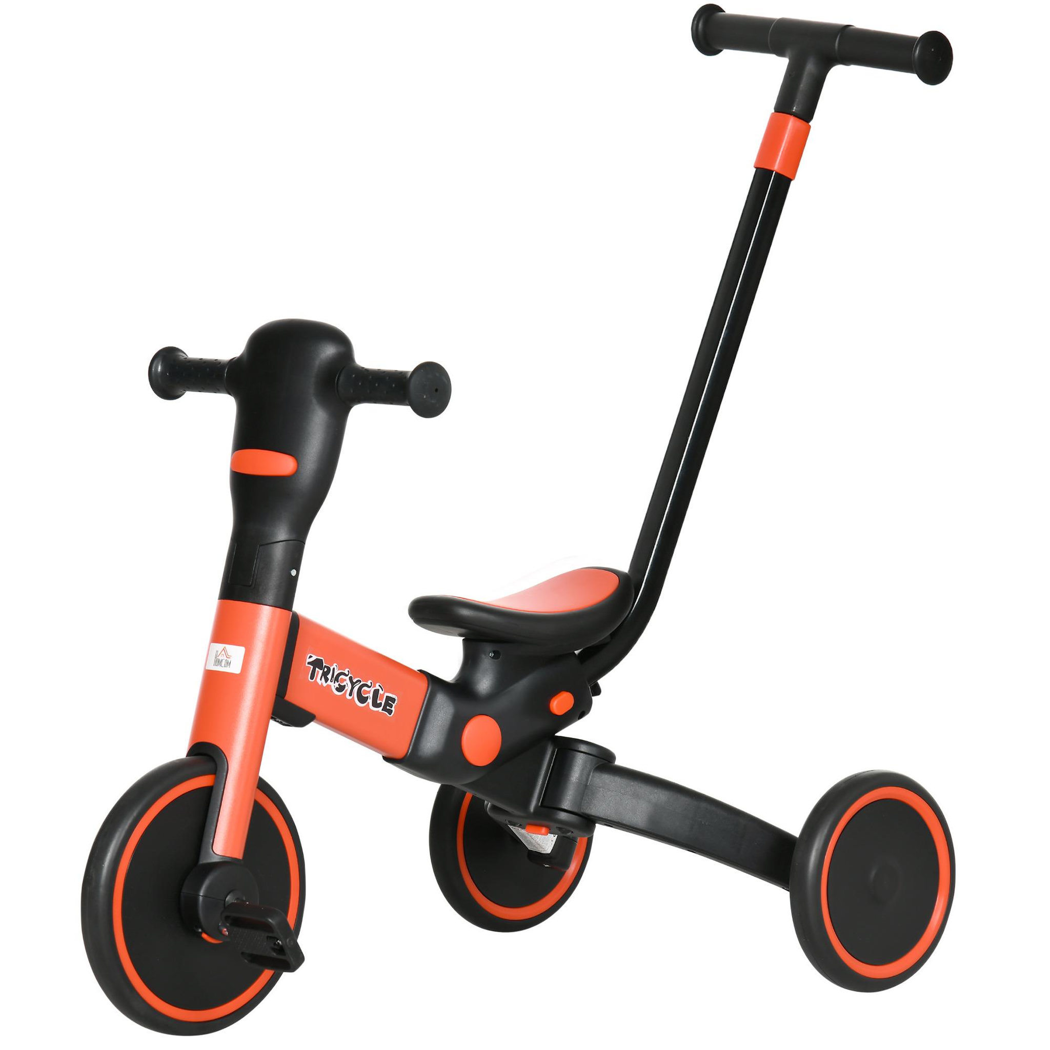 Voir la diapositive 1 : HOMCOM Tricycle enfant évolutif 4 en 1 - tricycle à pousser, tricycle simple, draisienne, vélo - canne  télescopique - guidon pliable - alu. rouge PP noir