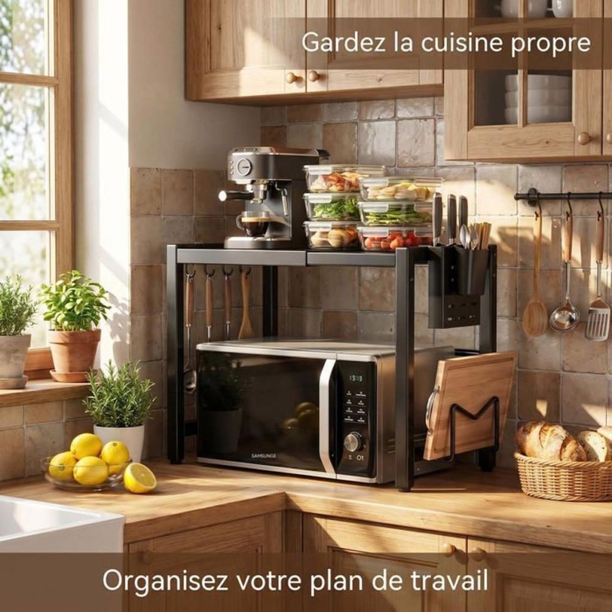 Voir la diapositive 4 : NO BRAND Support micro-ondes extensible noir en métal avec rangement de comptoir pliable, largeur 36 à 58 cm (jusqu'à 40 à 64 cm)