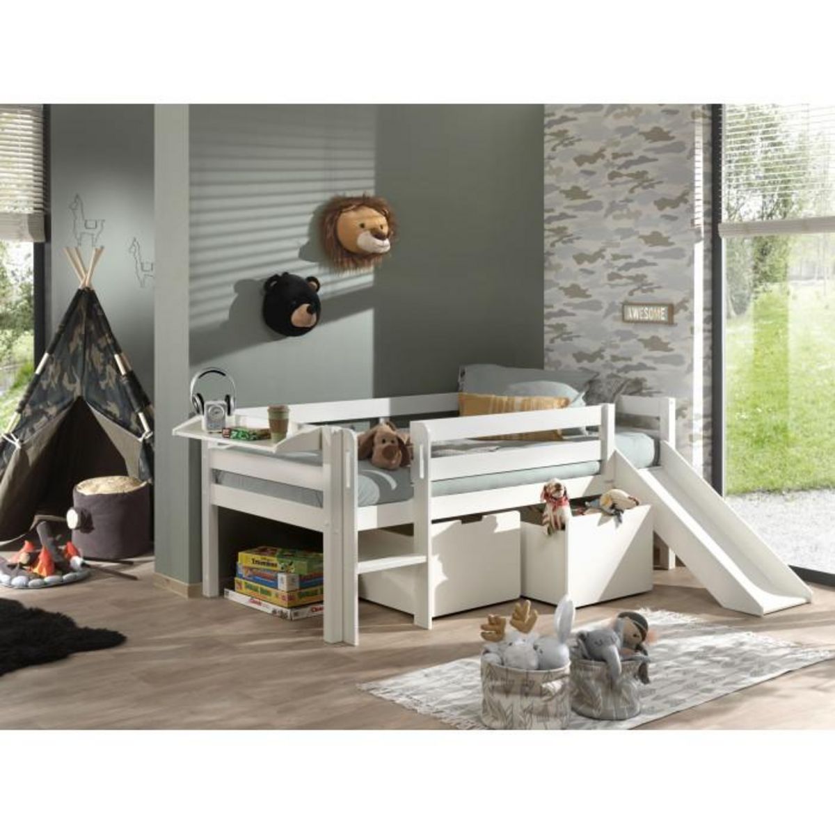 Paris Prix Pack - Lit Enfant Surélevé, 2 Tiroirs & Étagère  Pino  Blanc