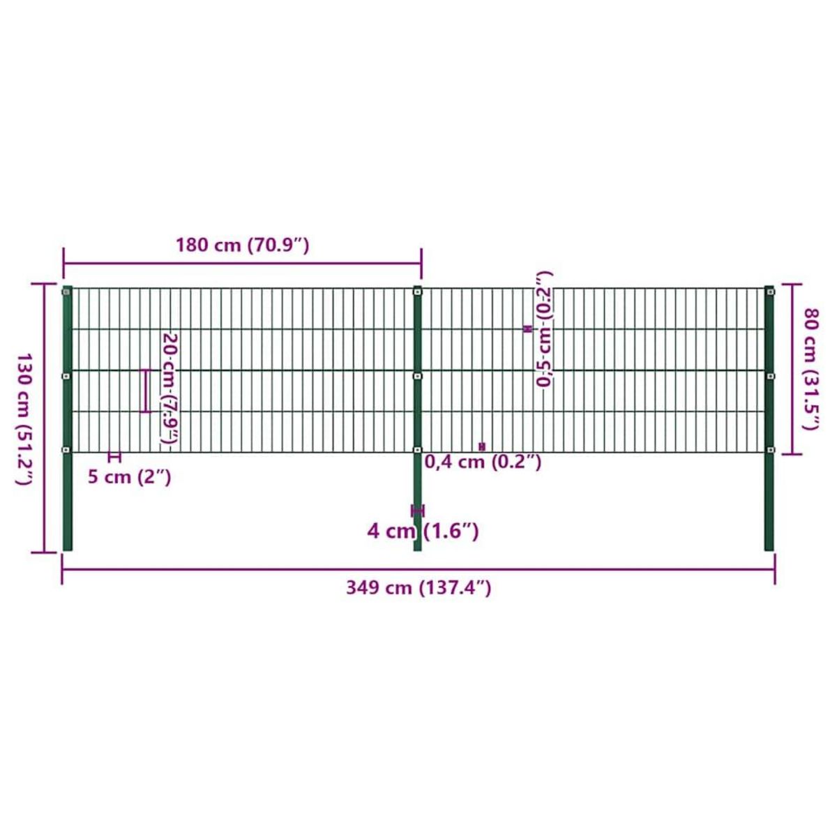 VIDAXL Panneau de cloture avec poteaux en fer 349 x 80 cm Vert