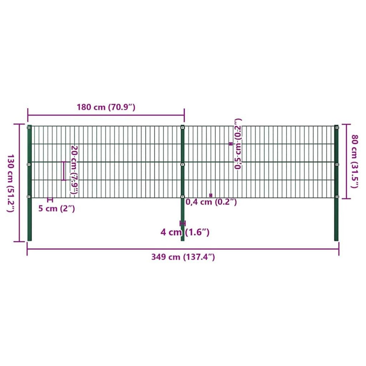 VIDAXL Panneau de cloture avec poteaux en fer 349 x 80 cm Vert