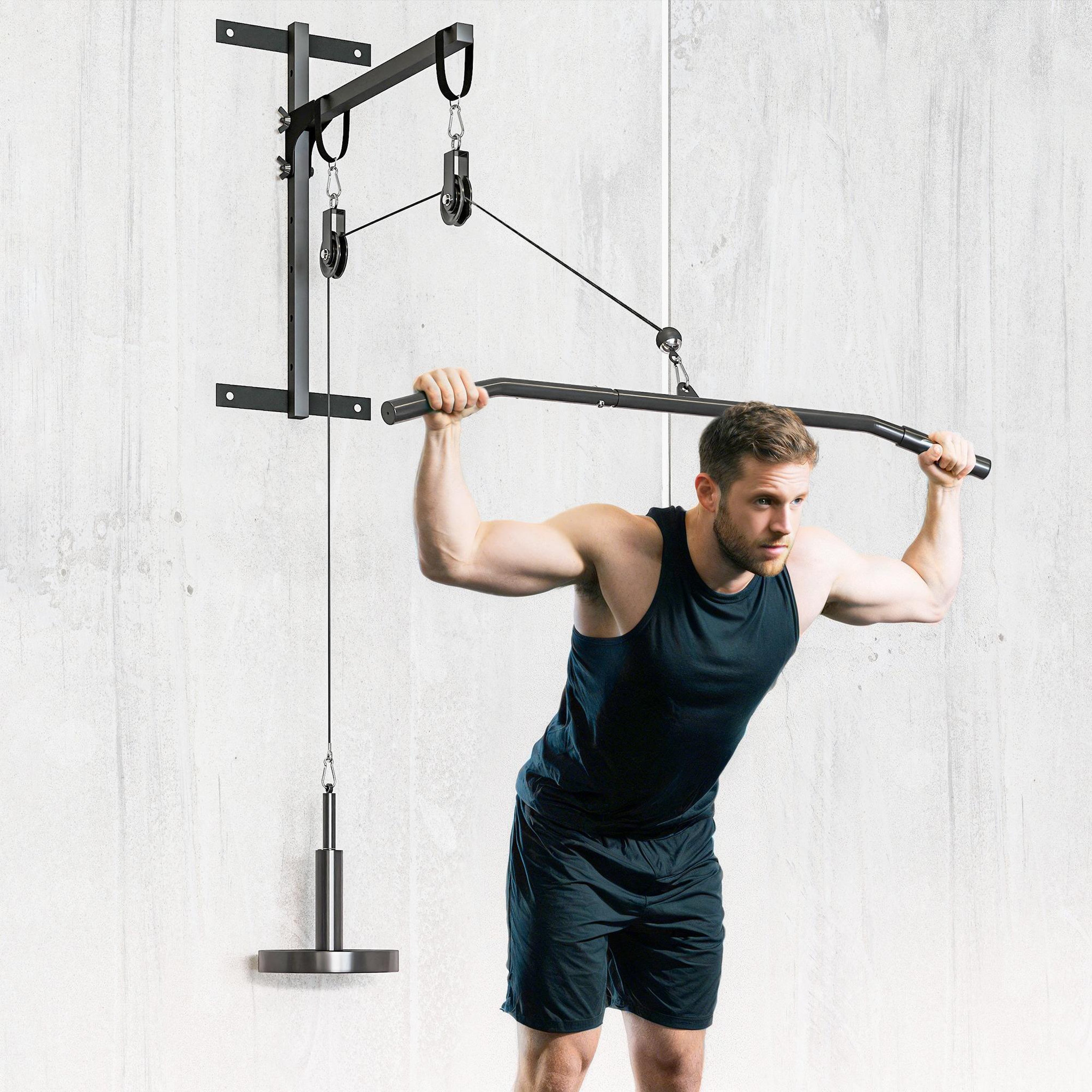 Voir la diapositive 4 : HOMCOM Station de traction murale - machine poulie musculation - lat pulldown exercices - acier nylon rouge noir