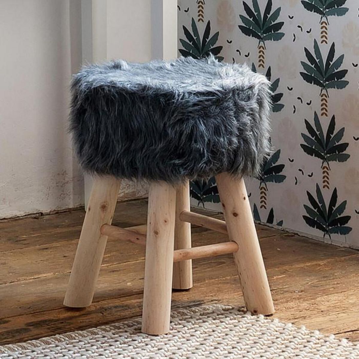 ATMOSPHERA Tabouret Imitation Fourrure  Oslo  42cm Gris